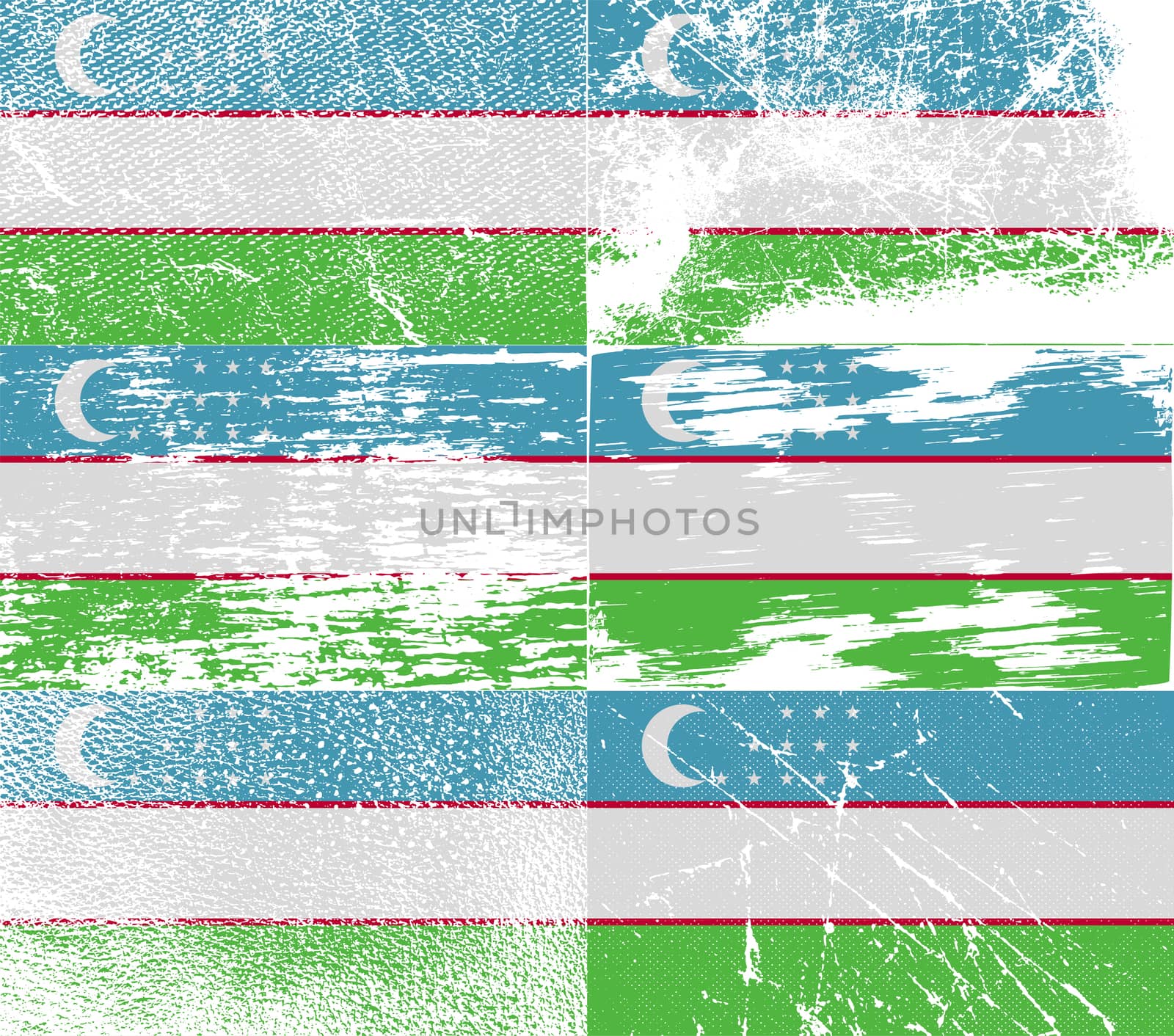 Set of six flags Uzbekistan with old texture.  by serhii_lohvyniuk