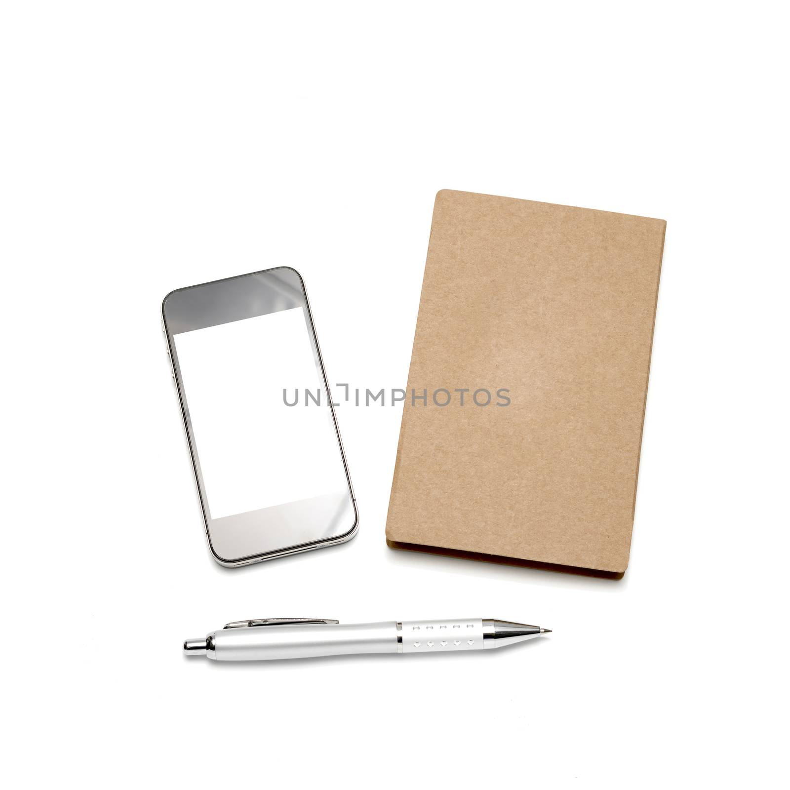 smart phone with small notebook and pen isolated on white background