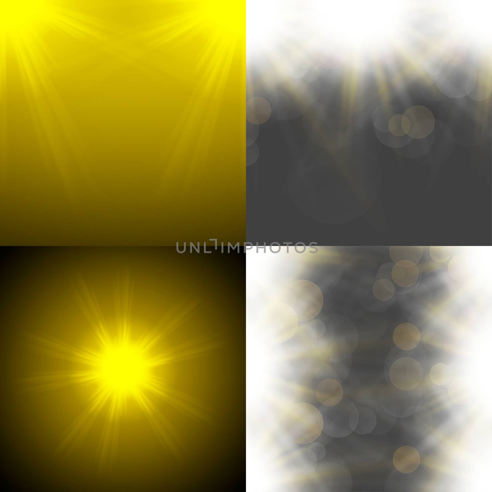 Set with four Abstract blurry background overlying semi transparent circles, light effects and sun burst. by serhii_lohvyniuk
