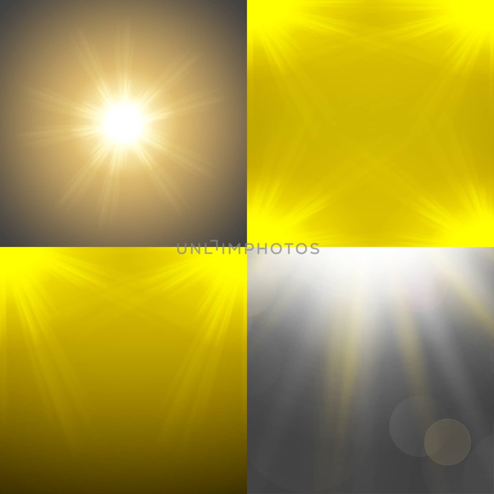 Set with four Abstract blurry background overlying semi transparent circles, light effects and sun burst. by serhii_lohvyniuk