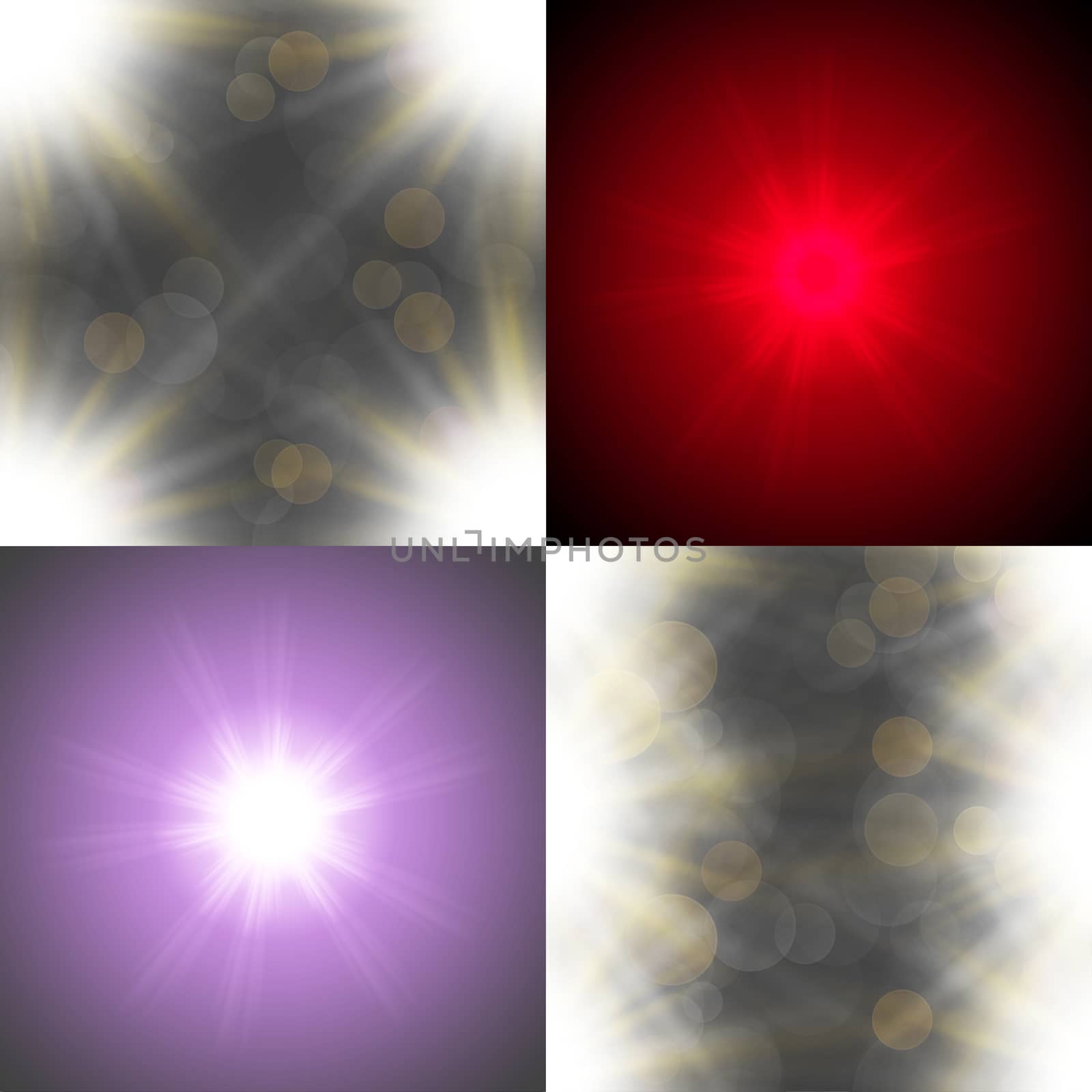 Set with four Abstract blurry background overlying semi transparent circles, light effects and sun burst. by serhii_lohvyniuk