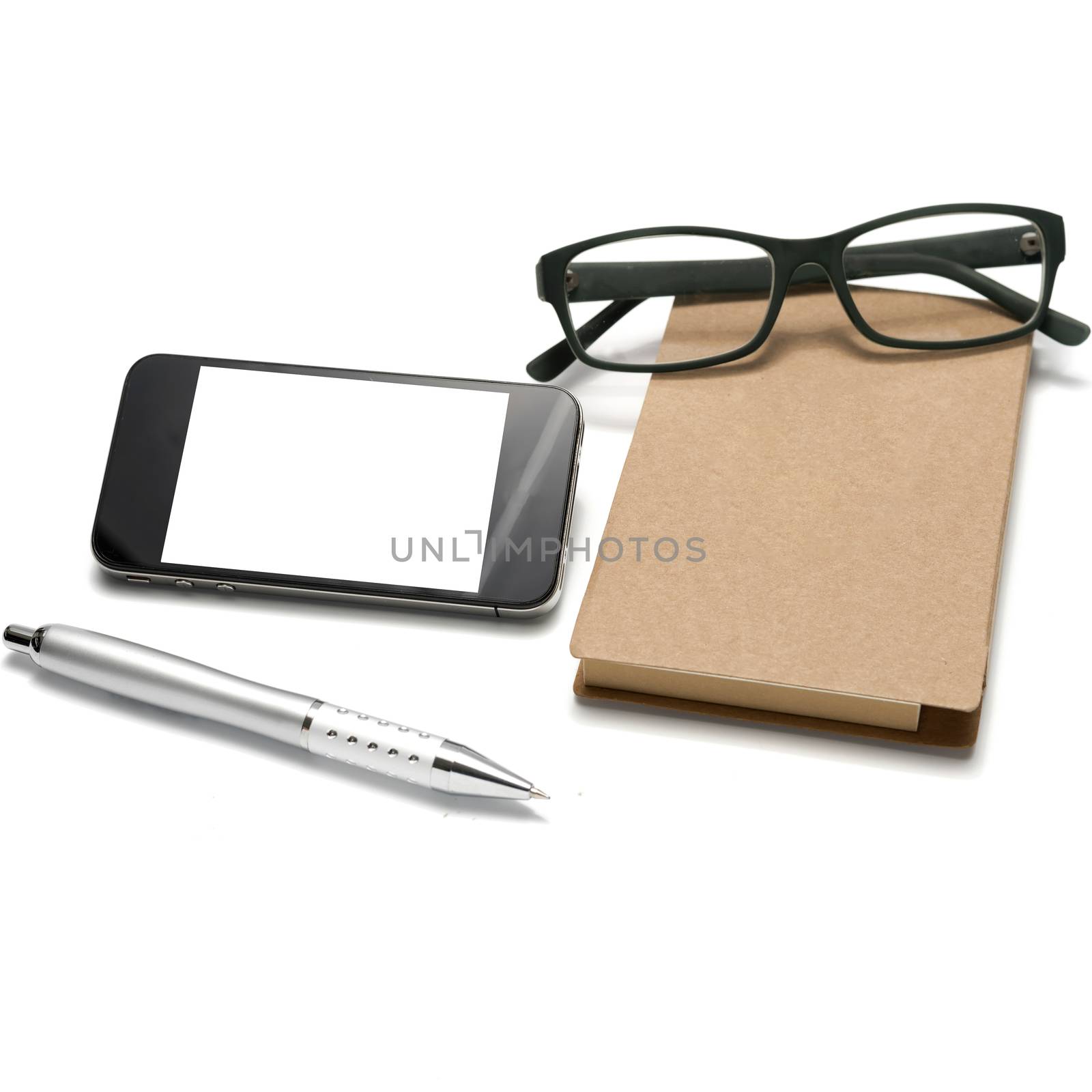 smart phone and eyeglasses with notebook and pen isolated on white background