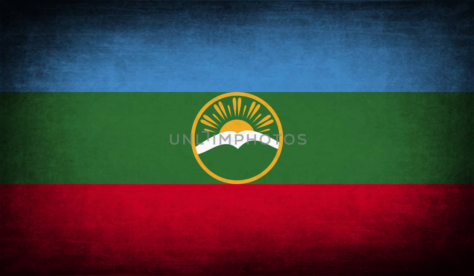 Flag of Karachay-Cherkessia Republic, Russia with old texture.  illustration