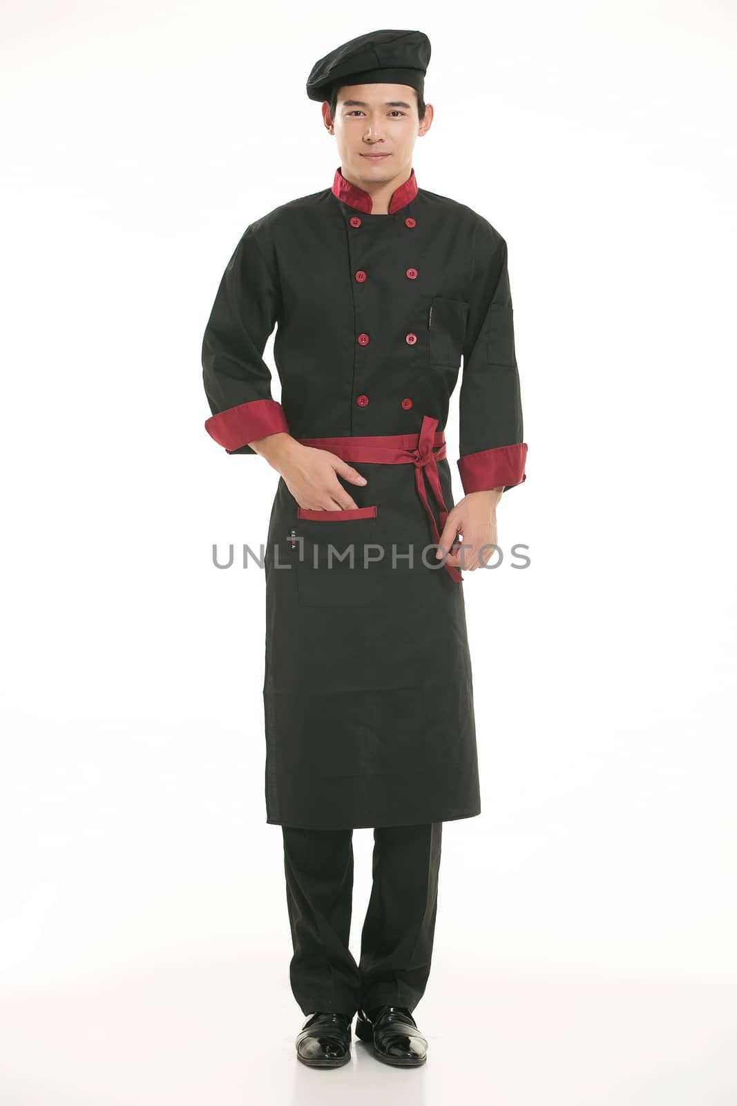 Wearing all kinds of clothing chef dietitian in front of white background