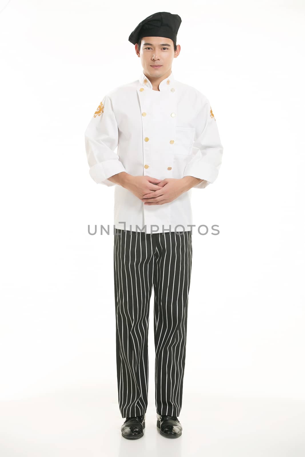 Wearing all kinds of clothing chef dietitian in front of white background