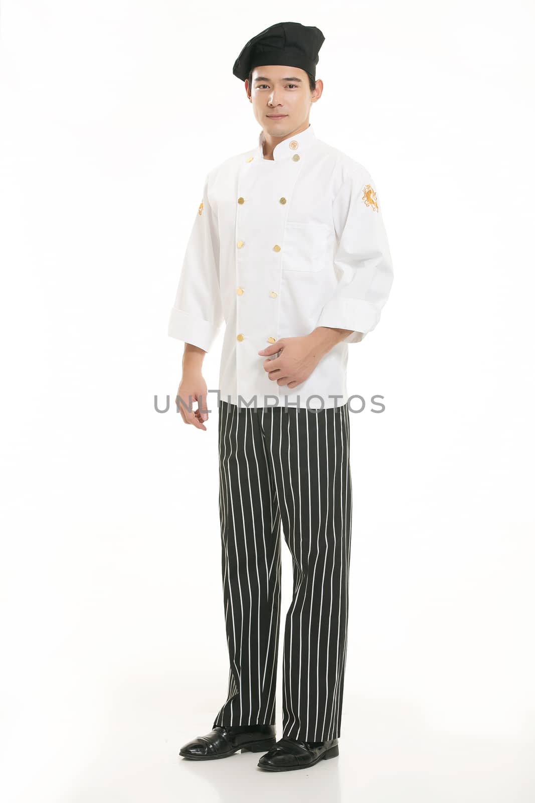 Wearing all kinds of clothing chef dietitian in front of white background