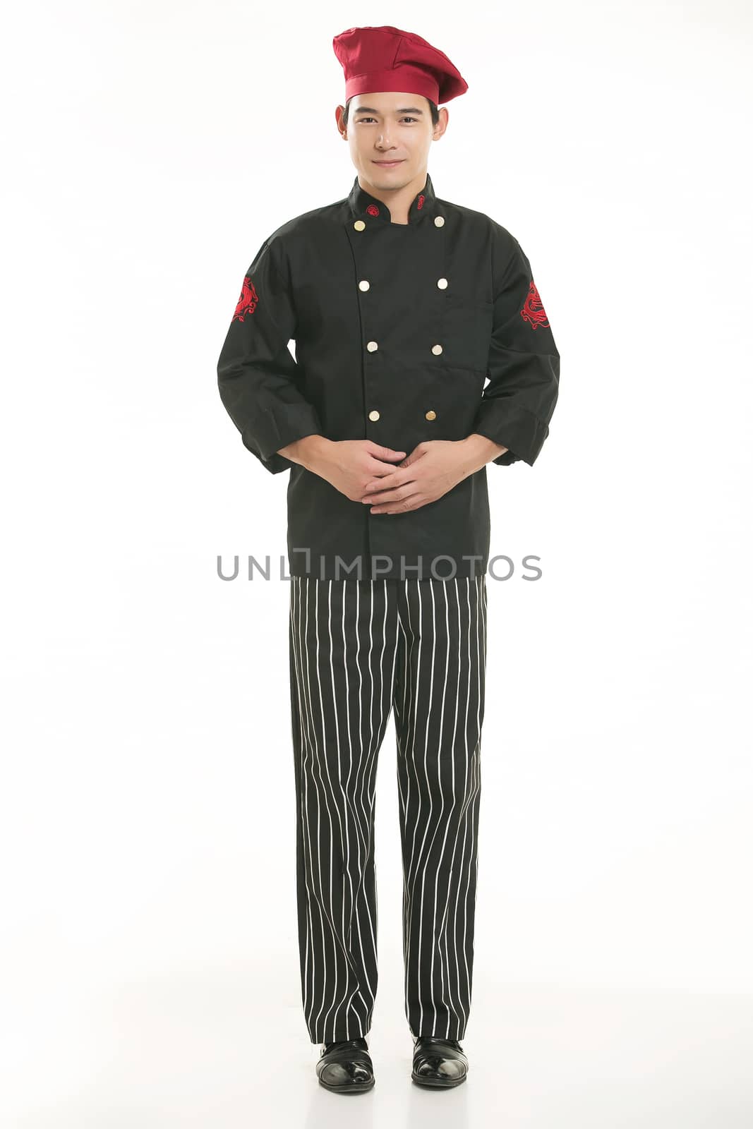 Wearing all kinds of clothing chef dietitian in front of white background