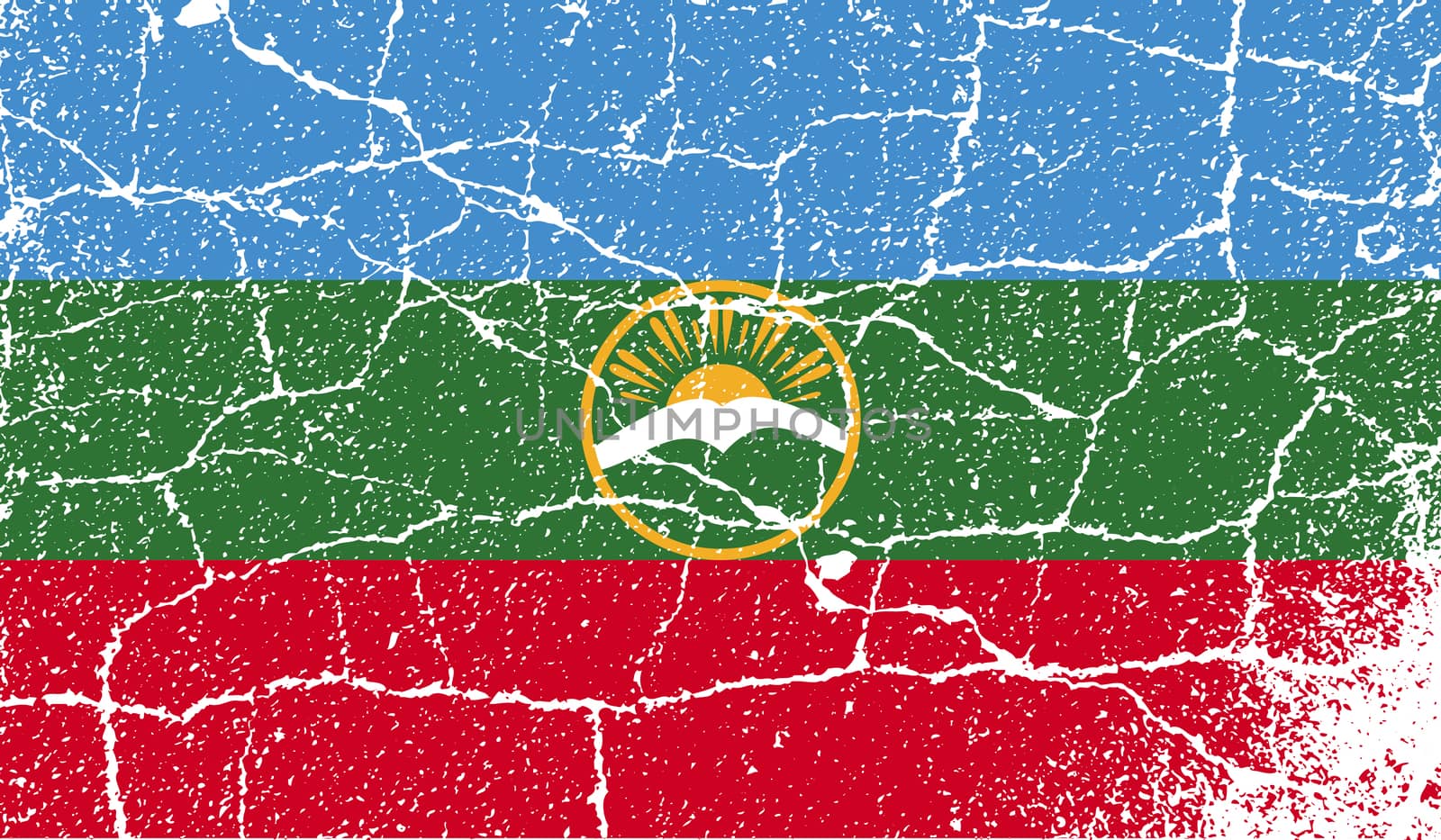 Flag of Karachay-Cherkessia Republic, Russia with old texture.  illustration