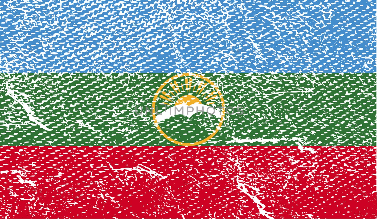 Flag of Karachay-Cherkessia Republic, Russia with old texture.  illustration