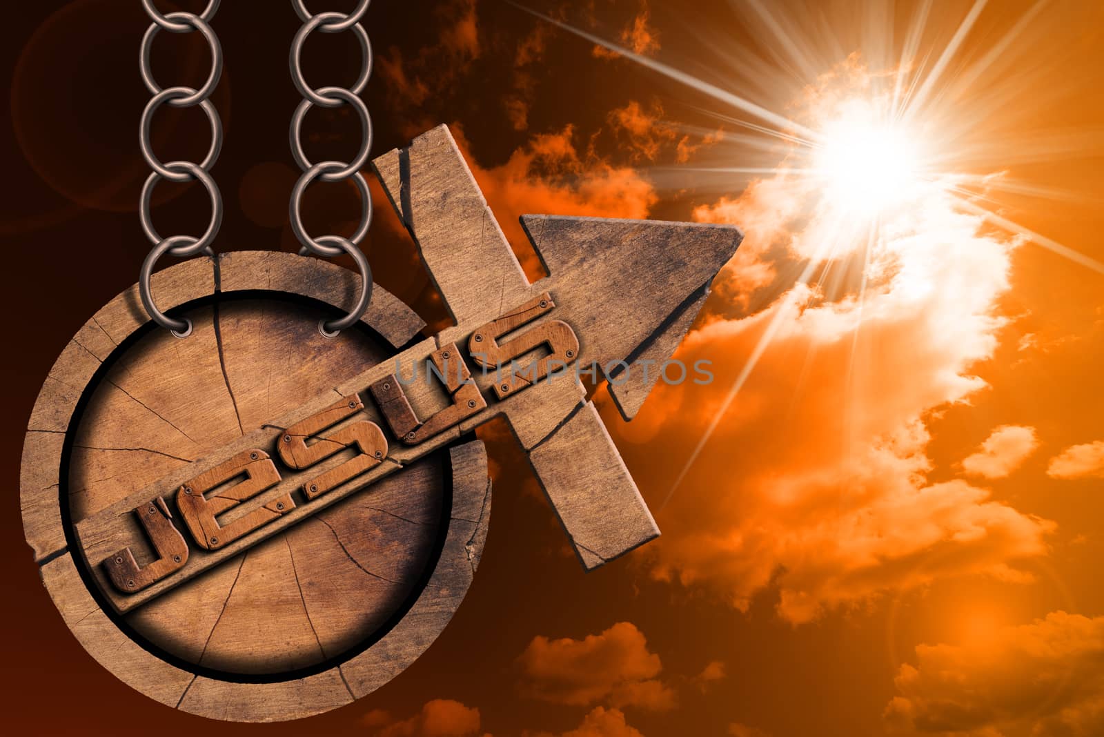 Wooden symbol with cross and arrow upward and text Jesus. Hanging from a chain at sunset  with cloudy sky and sun rays