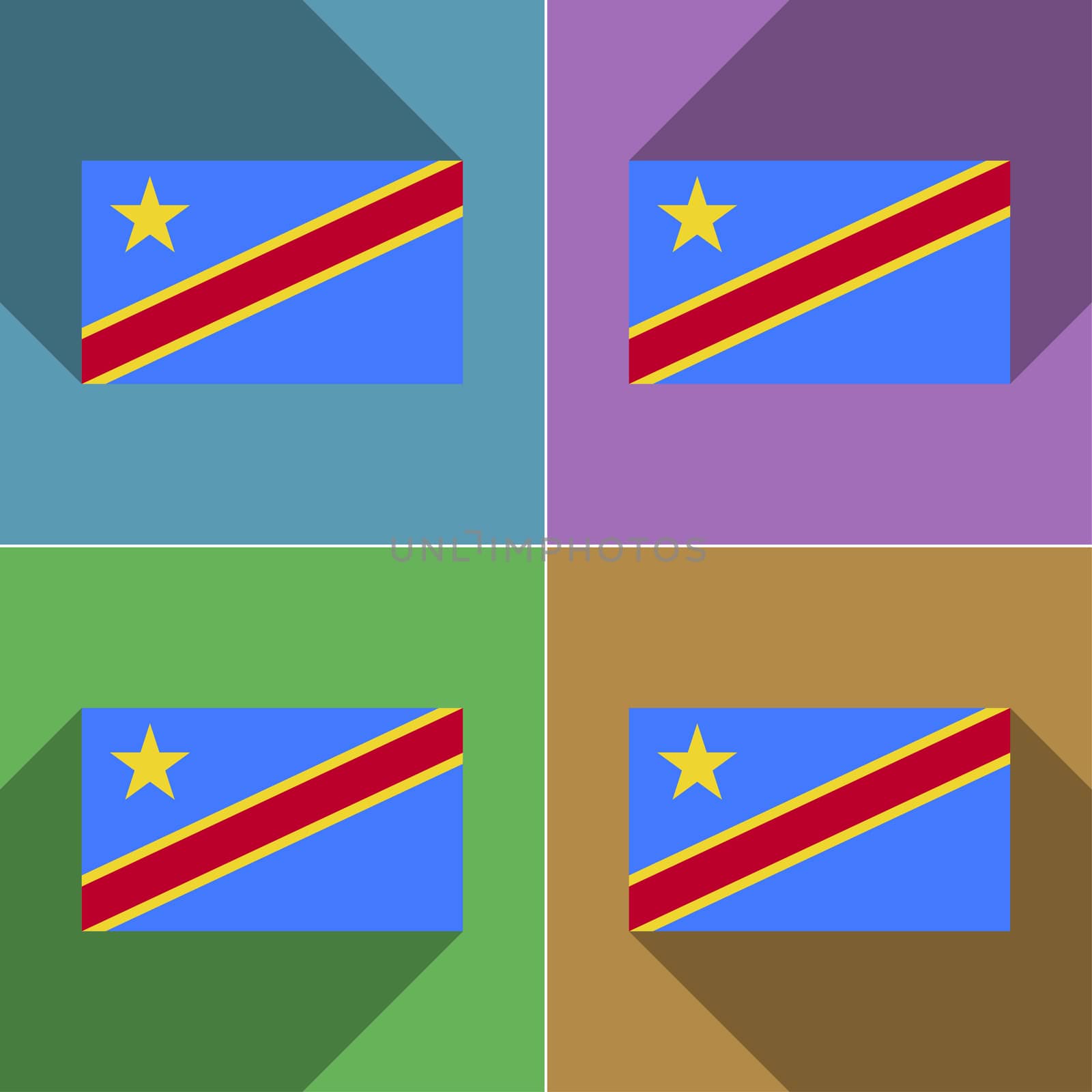 Flags of Congo Democratic Republic. Set of colors flat design and long shadows.  illustration