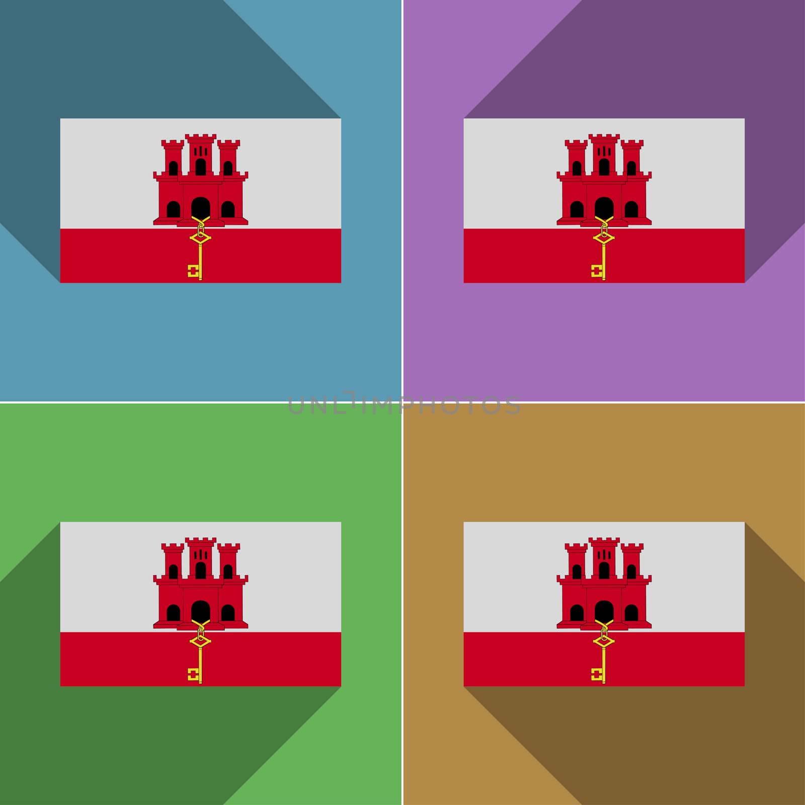 Flags of Gibraltar. Set of colors flat design and long shadows.  illustration