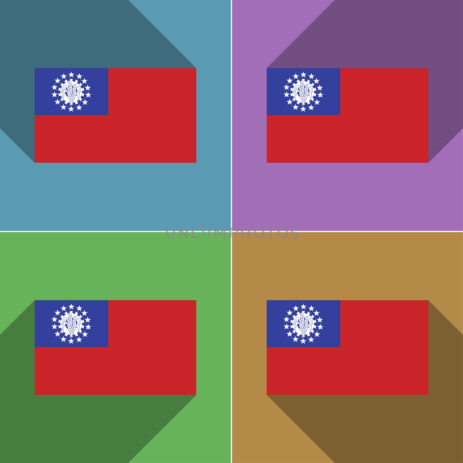 Flags of MyanmarBurma. Set of colors flat design and long shadows.  illustration