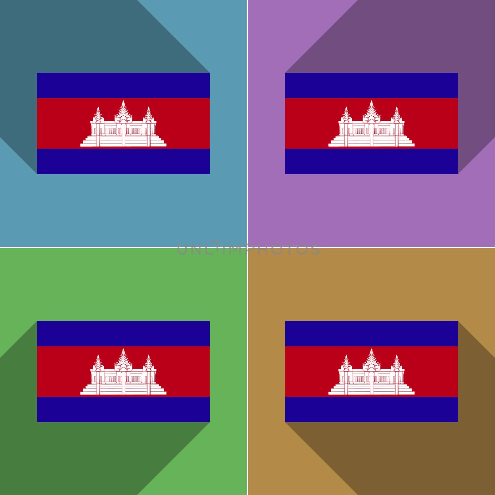 Flags of Cambodia. Set of colors flat design and long shadows.  illustration