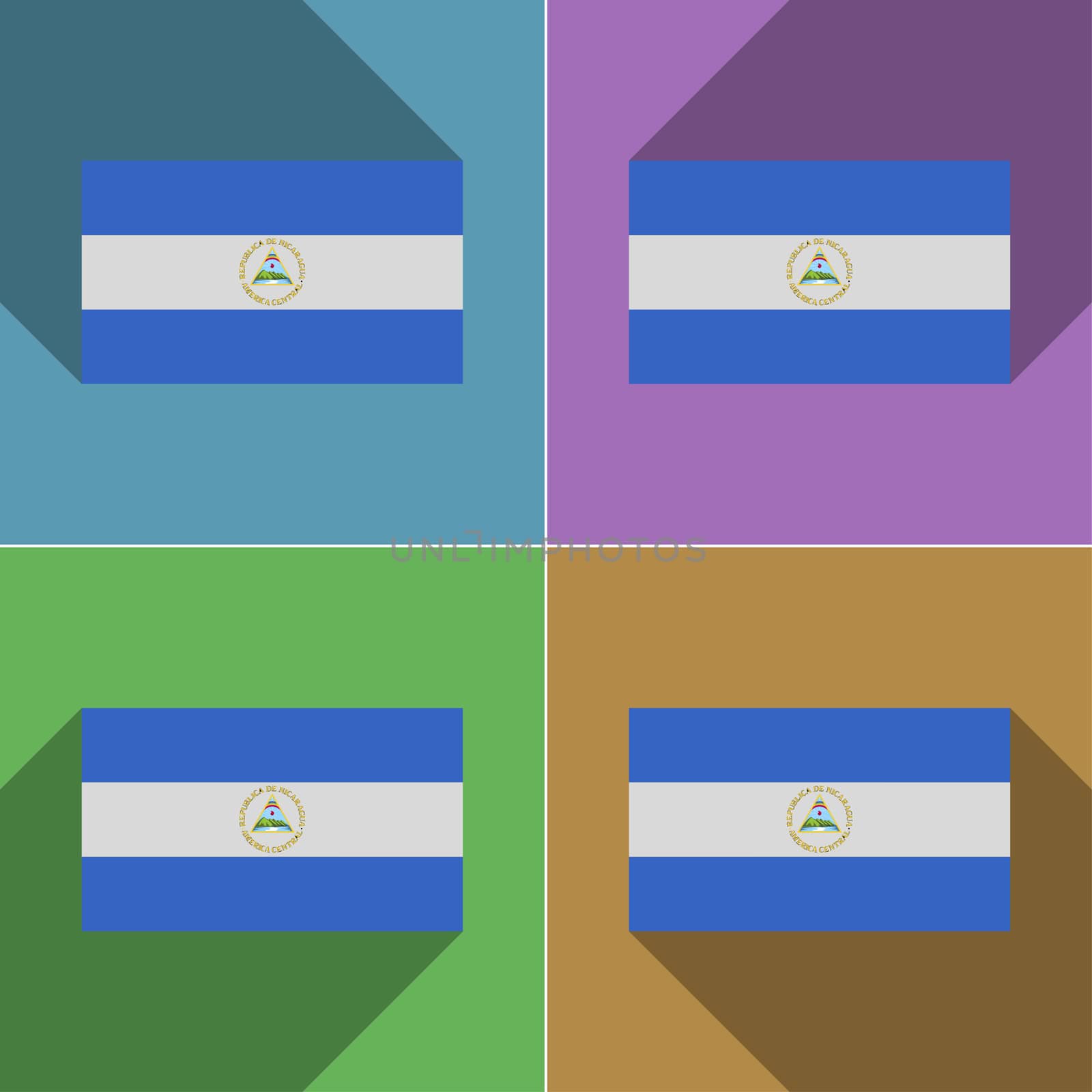 Flags of Nicaragua. Set of colors flat design and long shadows.  illustration