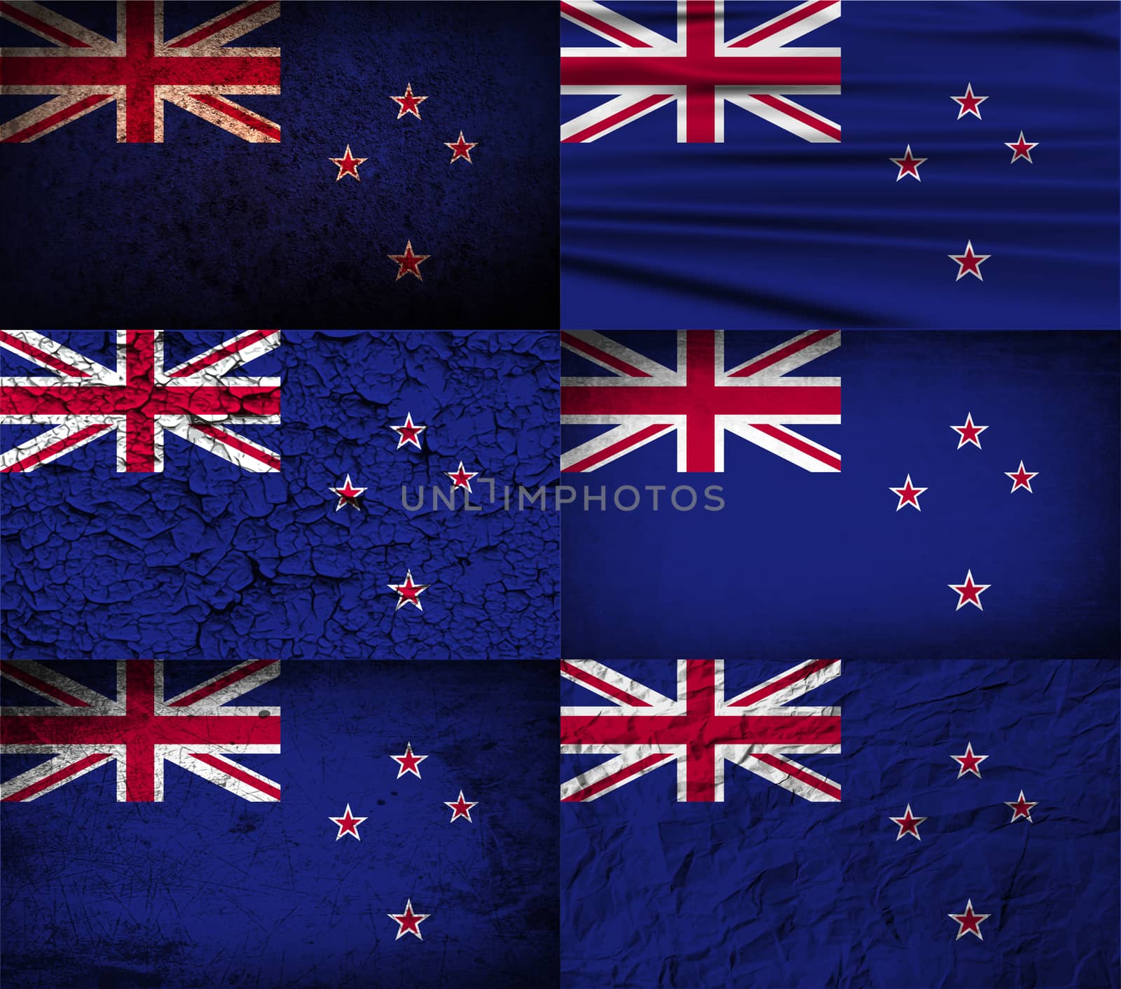 Set of six flags New Zeland with old texture.  by serhii_lohvyniuk