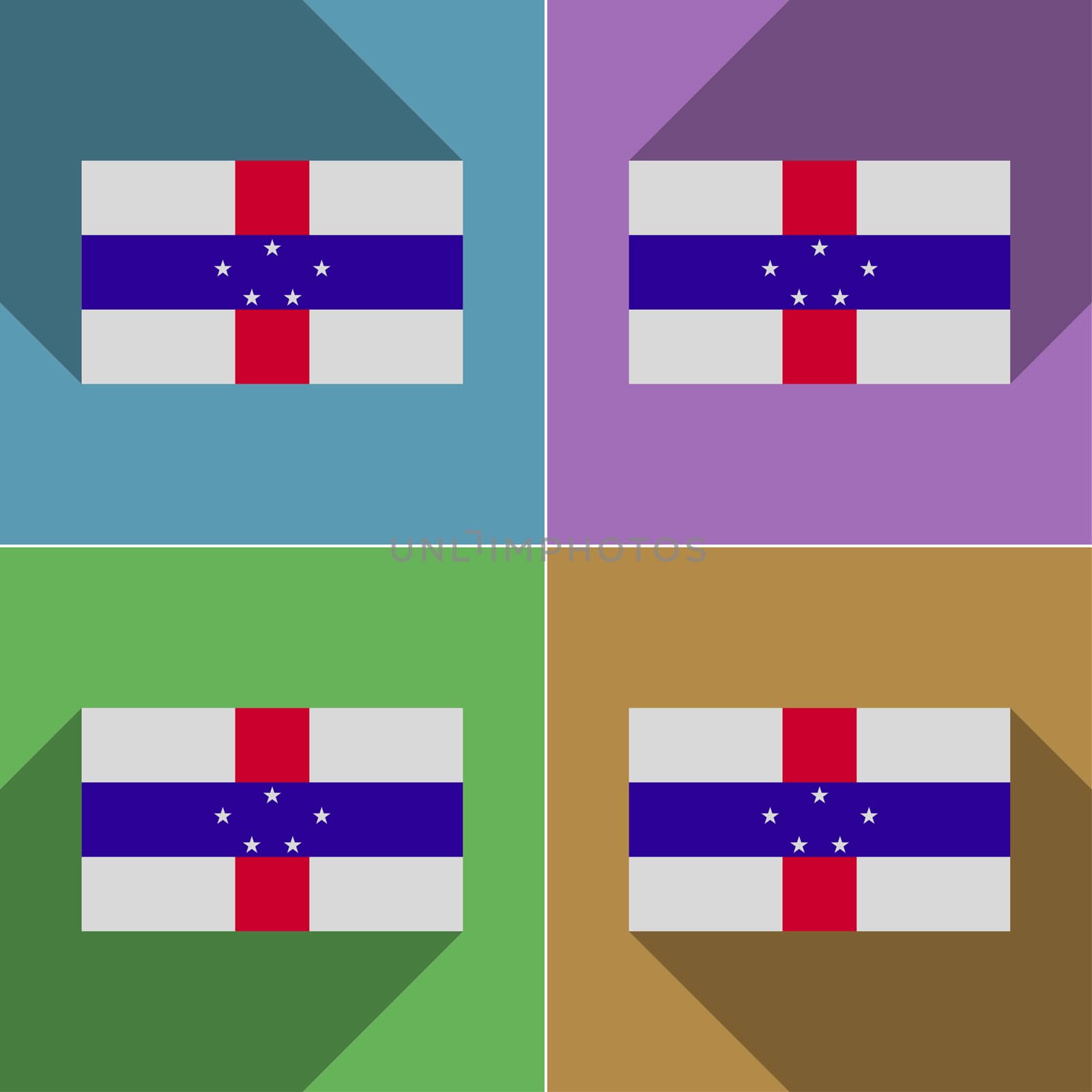 Flags of Netherlands Antilles. Set of colors flat design and long shadows.  illustration