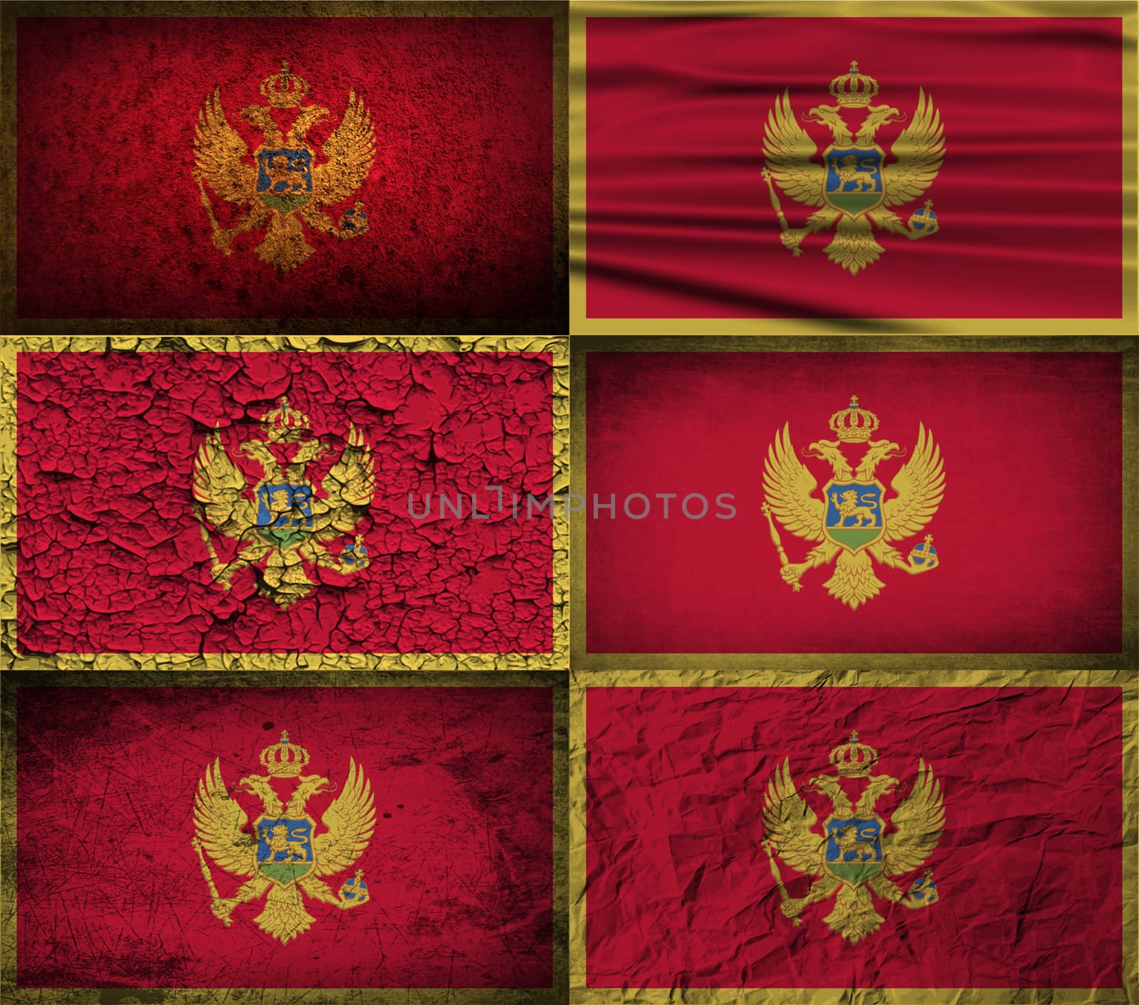 Set of six flags Montenegro with old texture.  by serhii_lohvyniuk