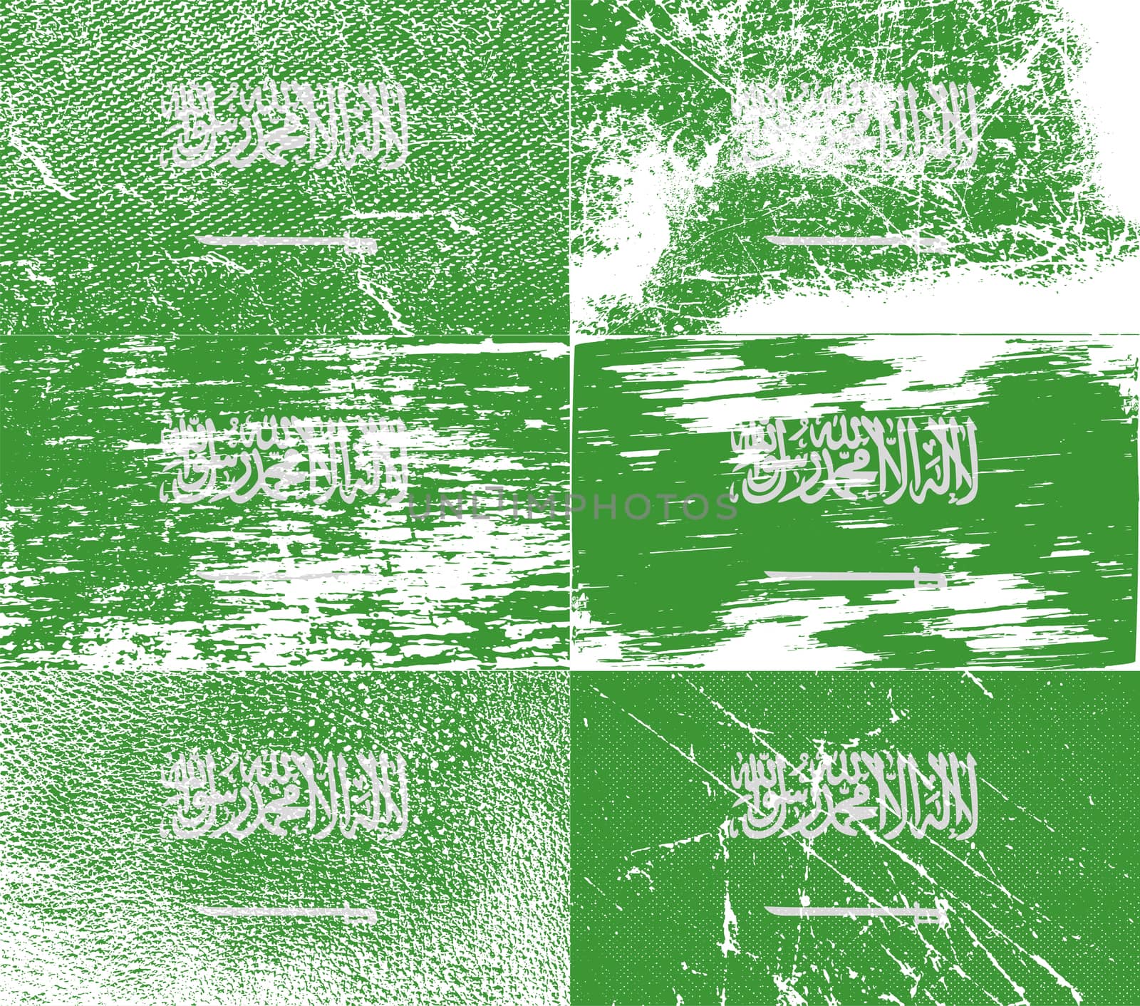 Set of six flags Saudi Arabia with old texture.  by serhii_lohvyniuk