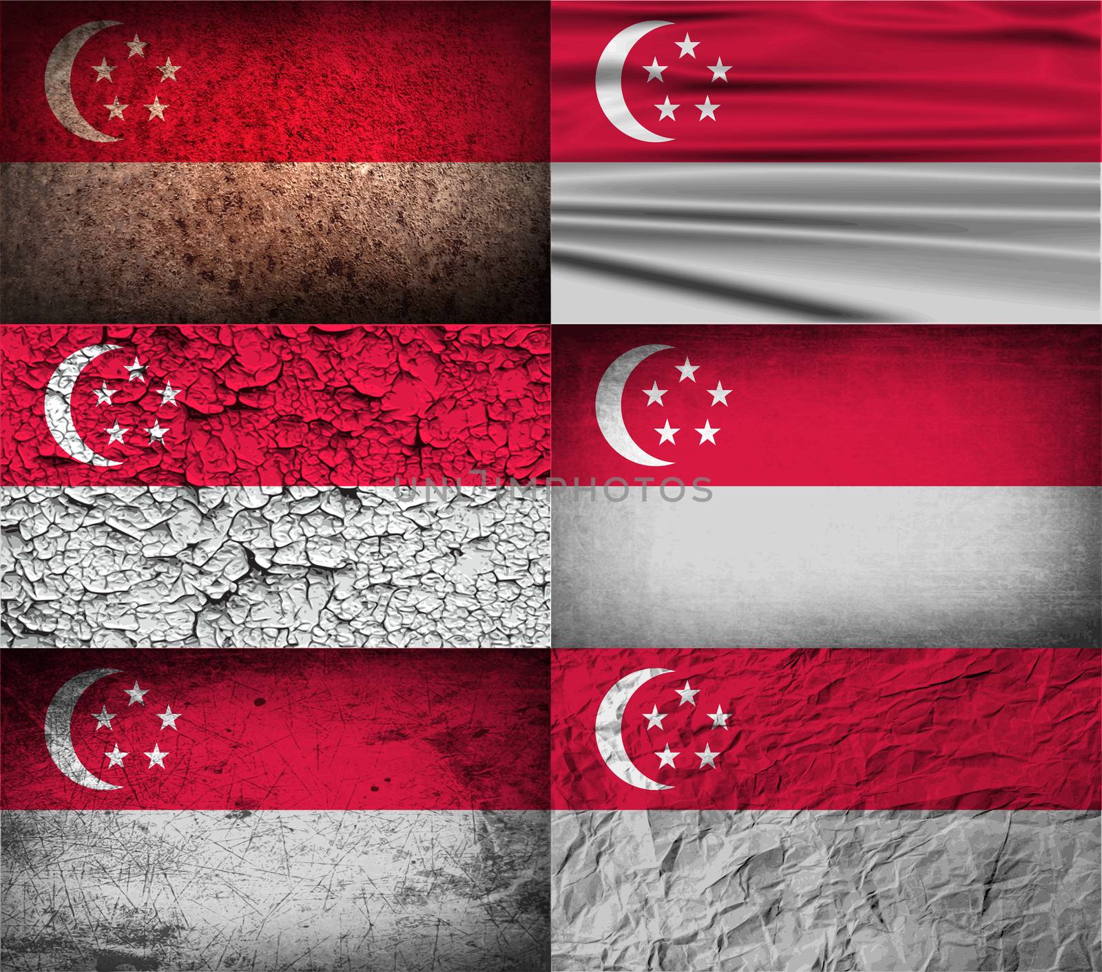 Set of six flagspublic of Singapore with old texture.  by serhii_lohvyniuk