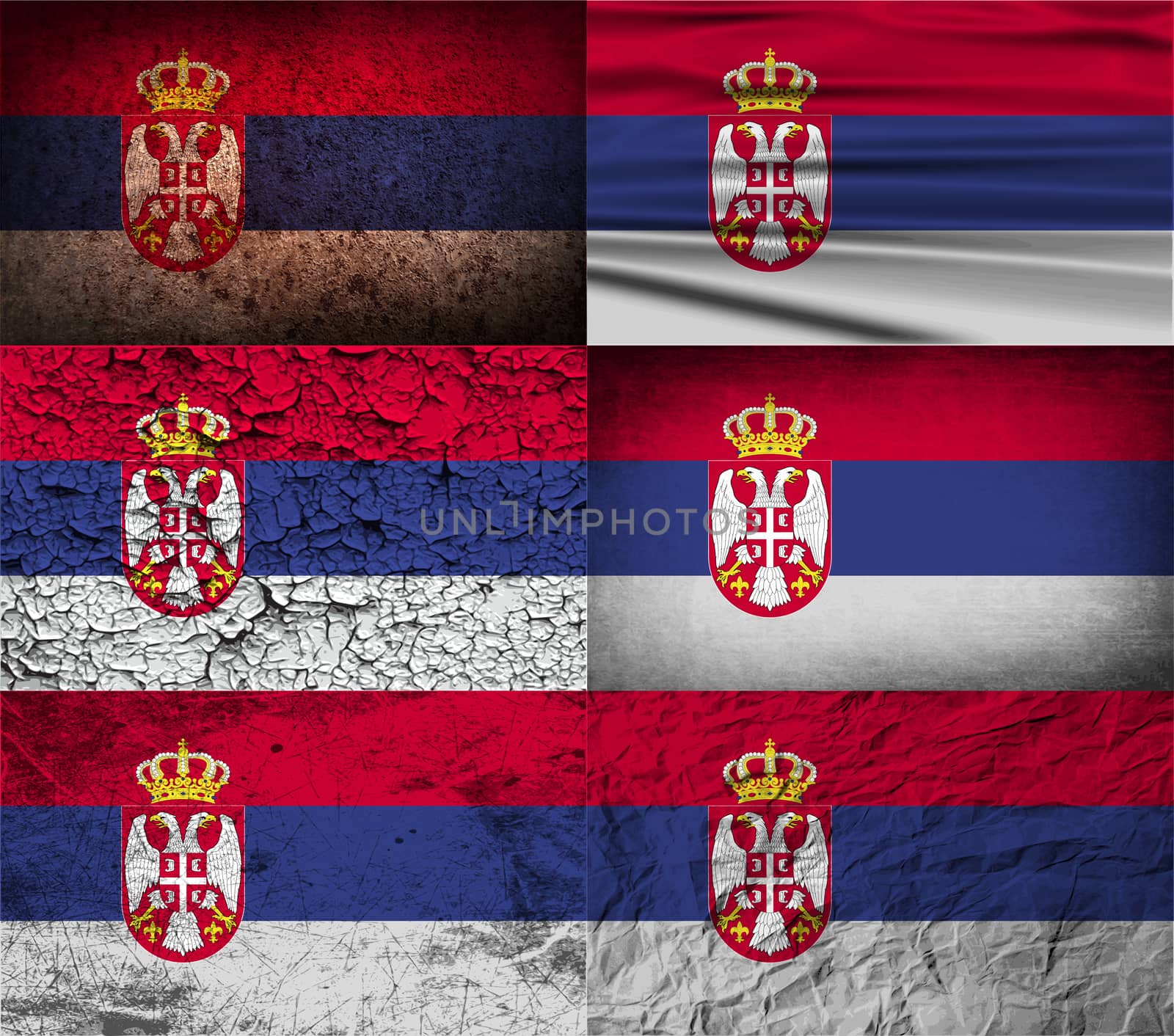 Set of six flags Serbia with old texture.  by serhii_lohvyniuk