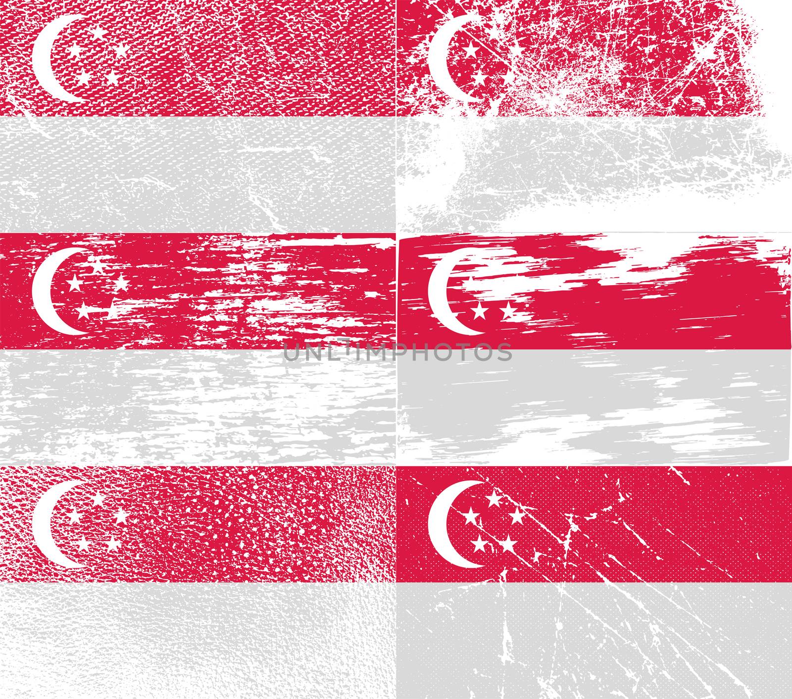 Set of six flagsepublic of Singapore with old texture.  by serhii_lohvyniuk