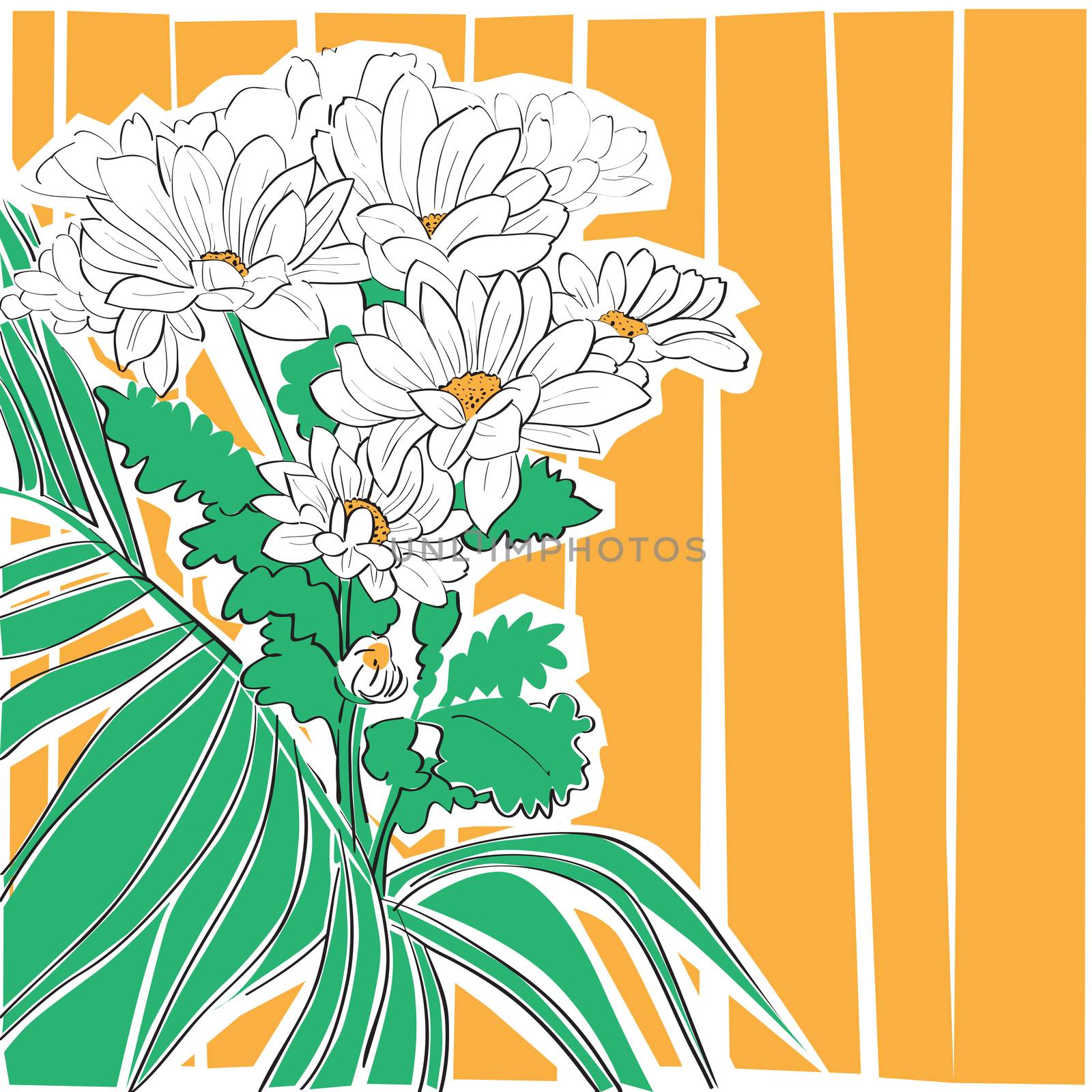Spring flowers card, hand drawn illustration of a cutout daisies bouquet over a striped backgound