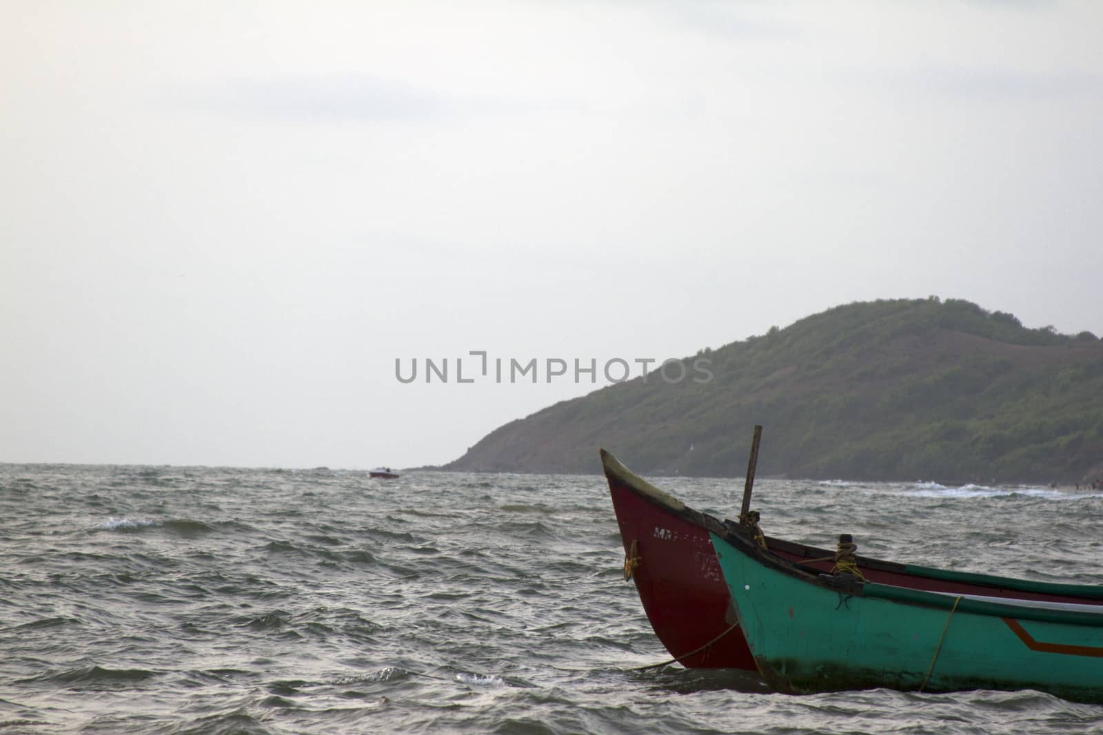 Old fishing boat at sea. India Goa.