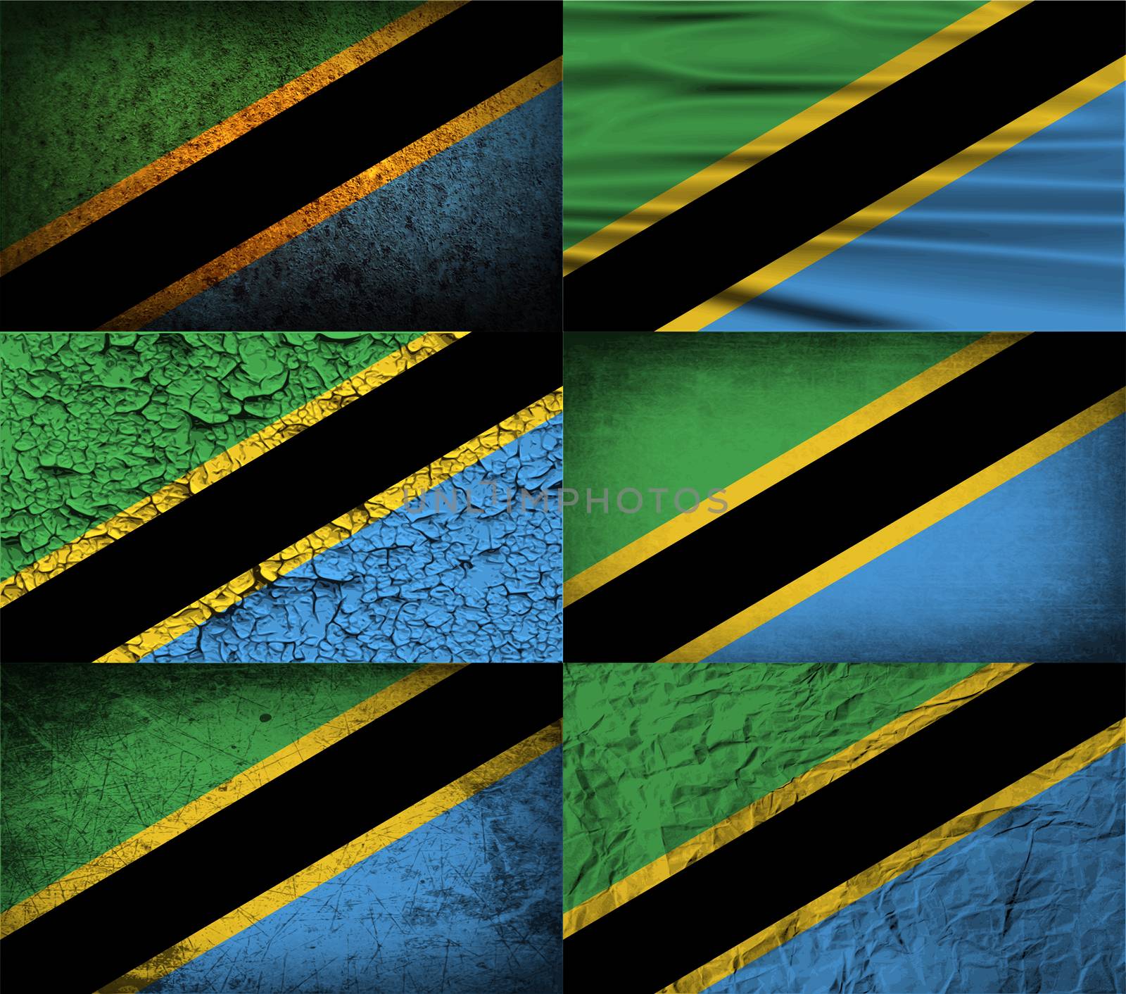 Set of six flags Tanzania with old texture.  by serhii_lohvyniuk