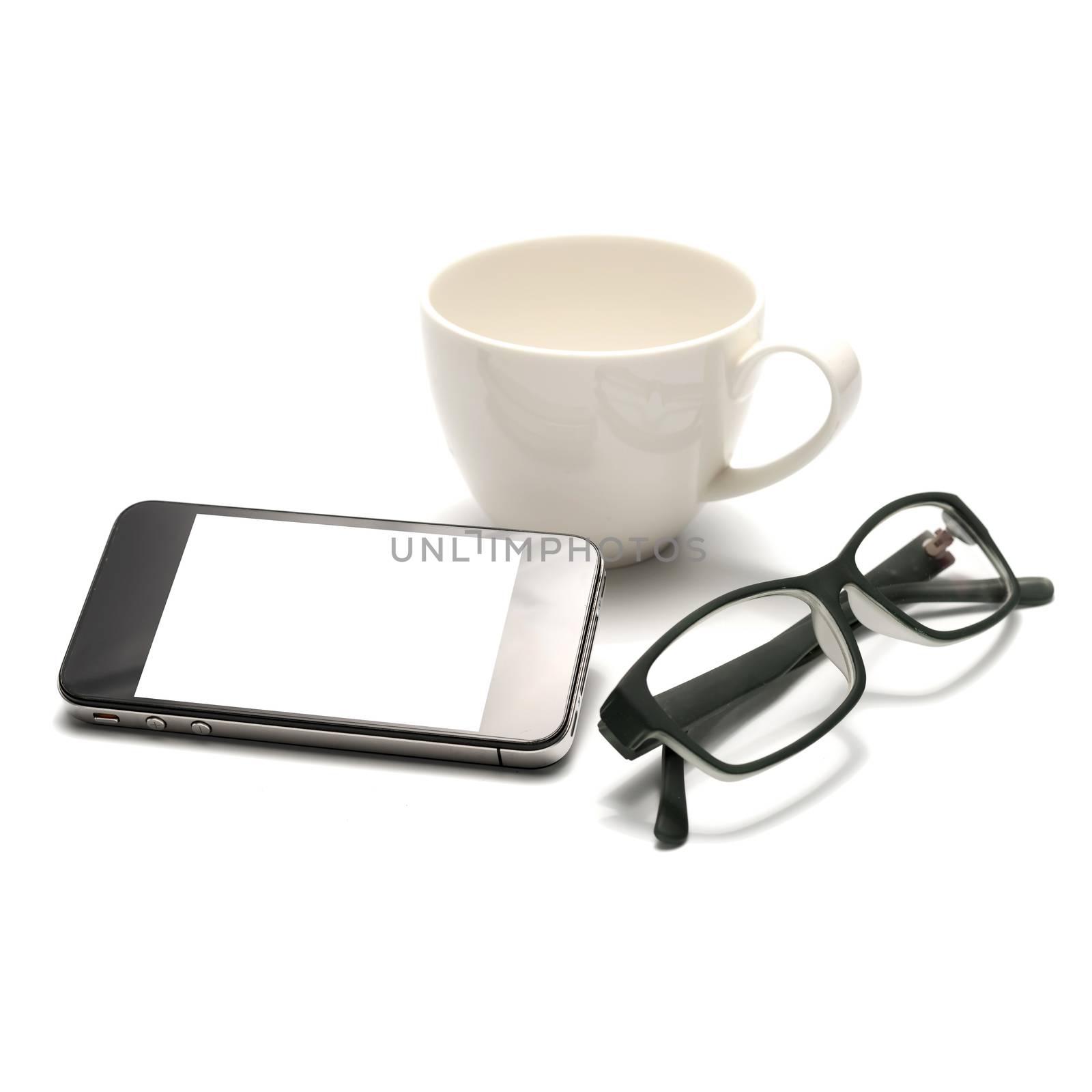 smart phone and eyeglasses with coffee cup isolated on white background
