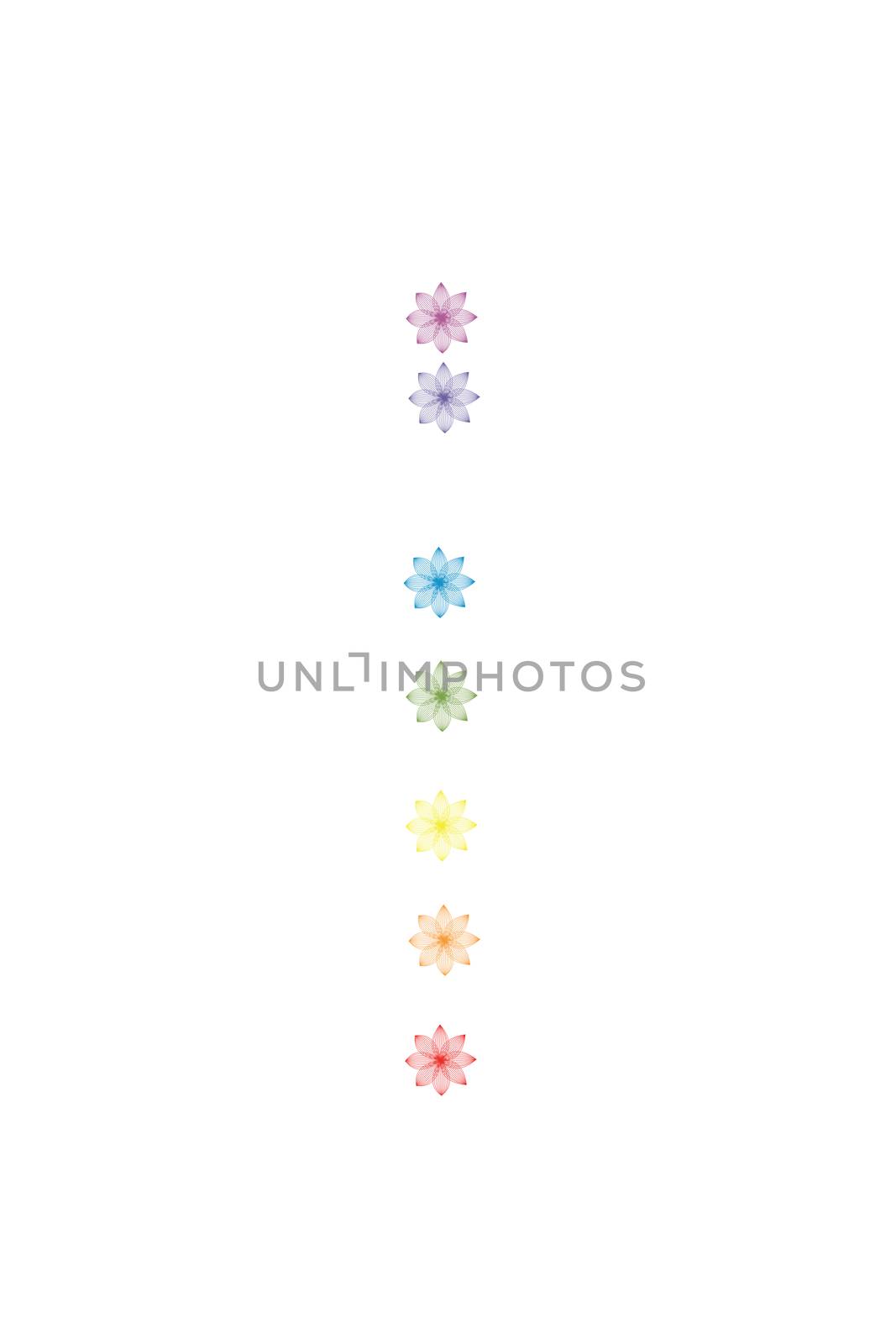 Chakras isolated on white background. Seven colorful chakra symbols isolated on white background. 