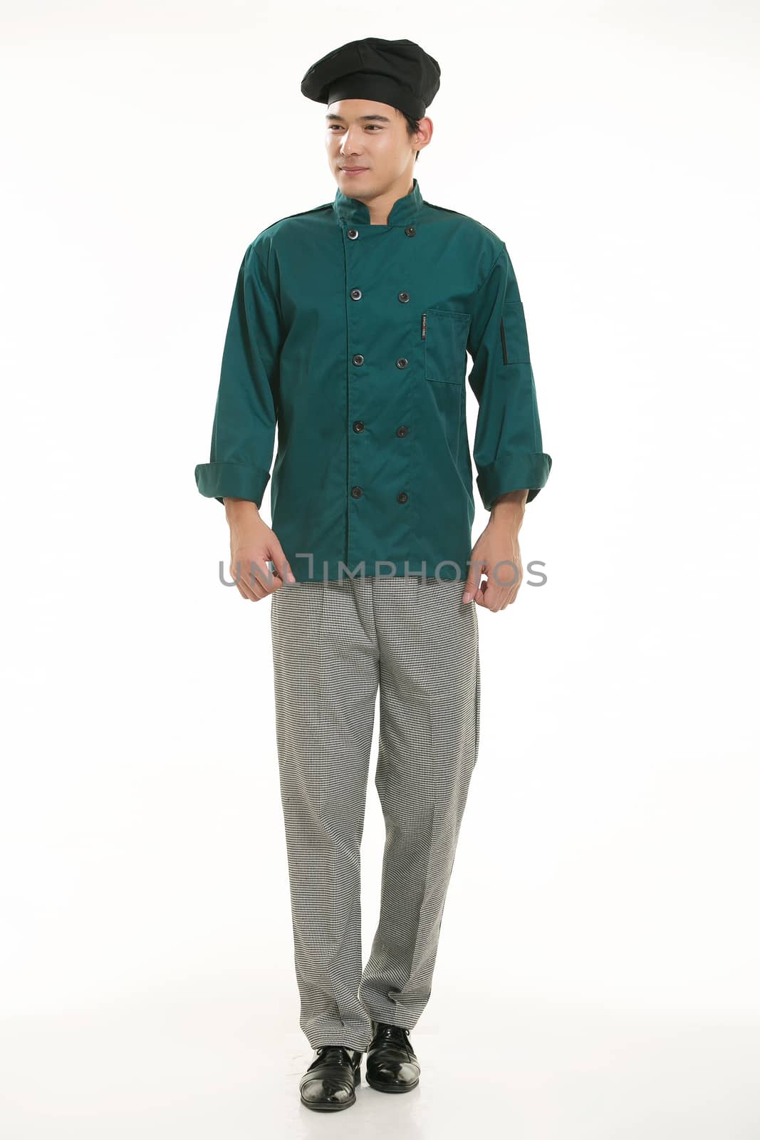 Wearing all kinds of clothing chef dietitian in front of white background