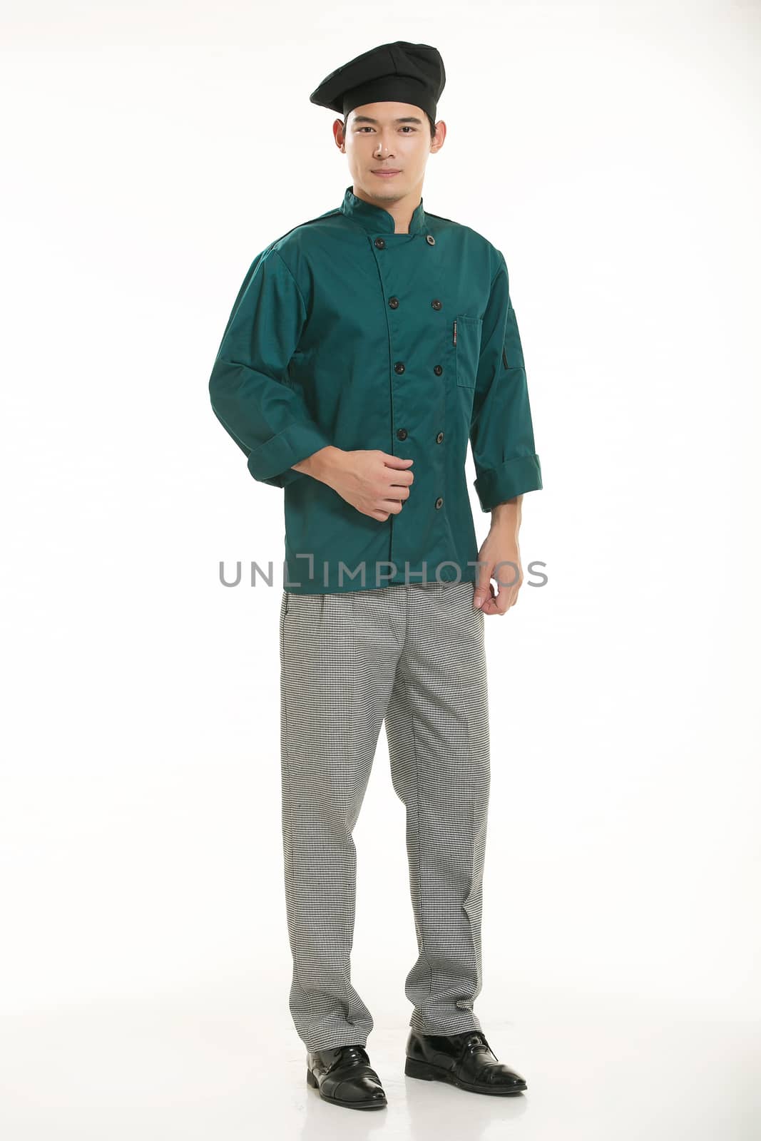 Wearing all kinds of clothing chef dietitian in front of white background