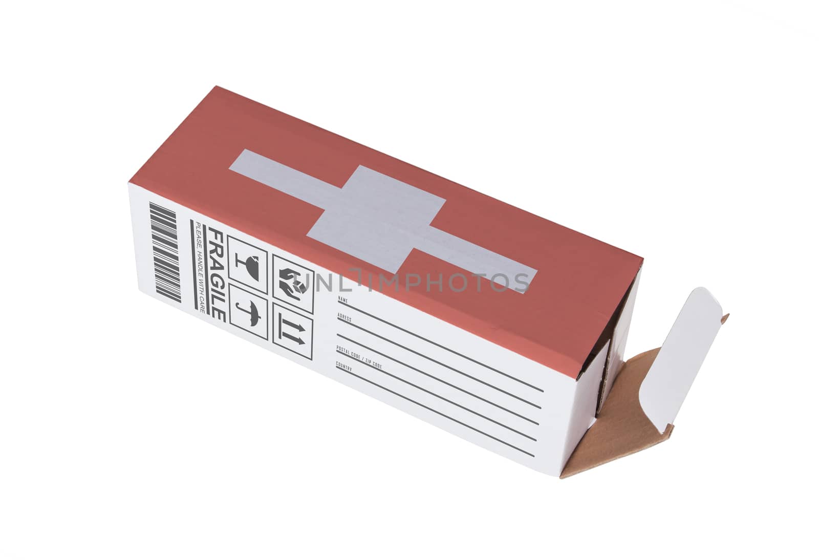 Concept of export, opened paper box - Product of Switzerland