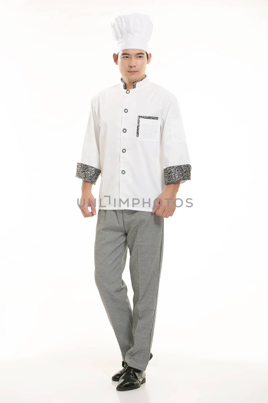 Wearing all kinds of clothing chef dietitian in front of white background