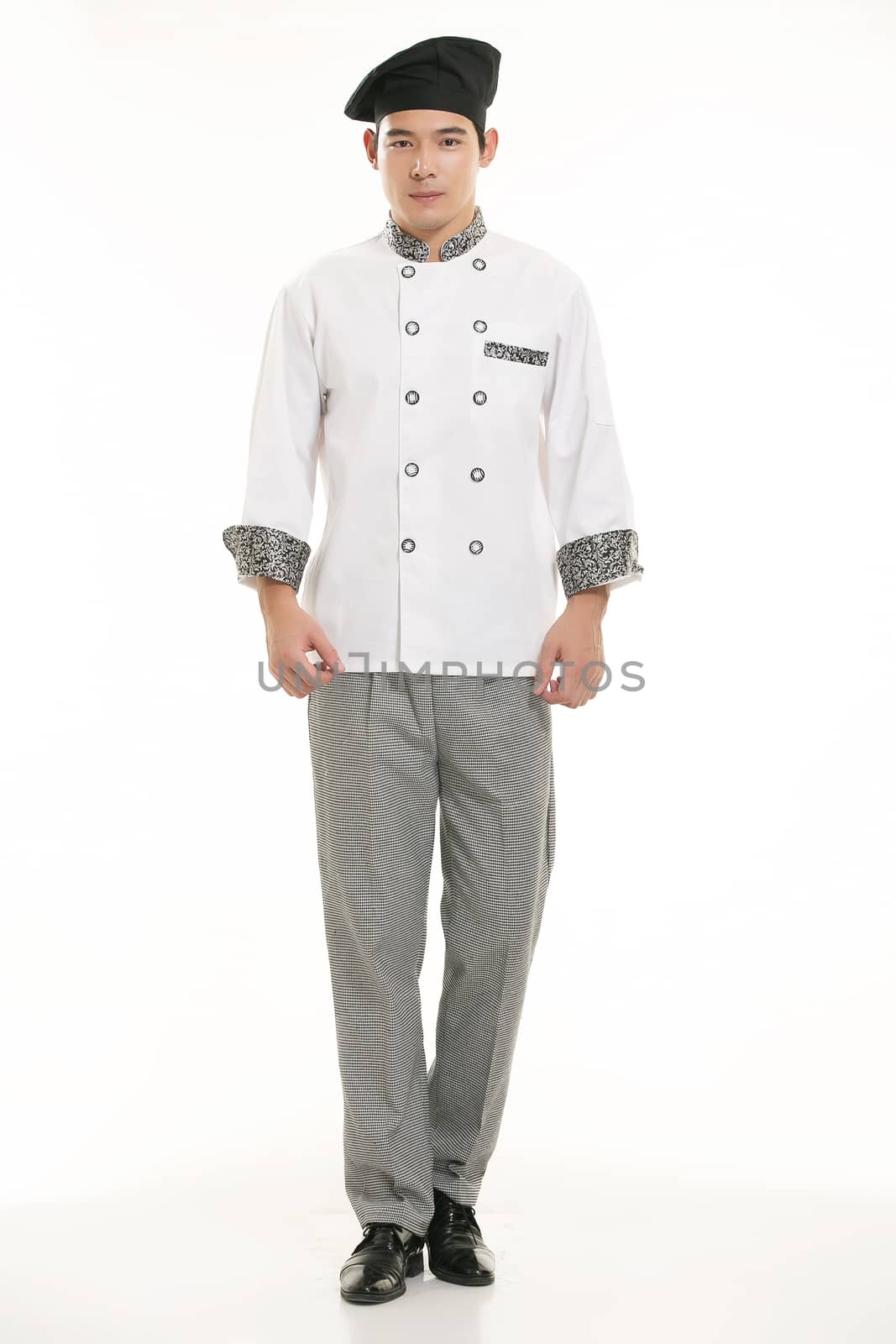 Wearing all kinds of clothing chef dietitian in front of white background