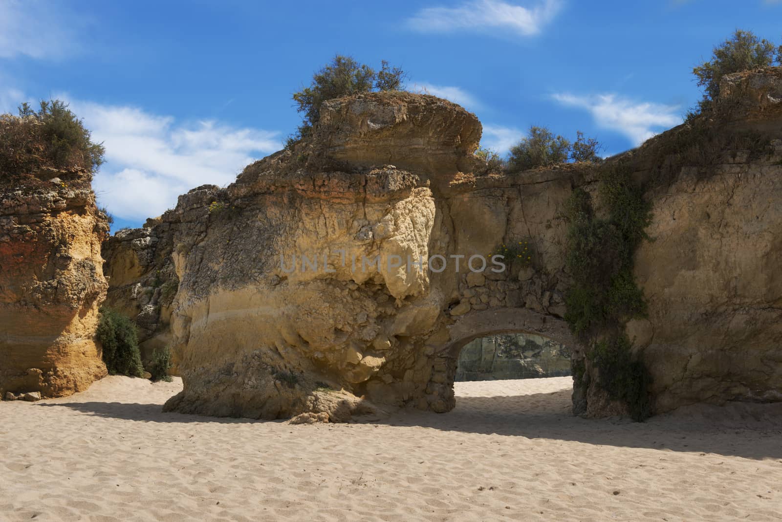rocks and cliff in algarve city lagos in Portugal, the most beautifull coastline of the world seen from the beach