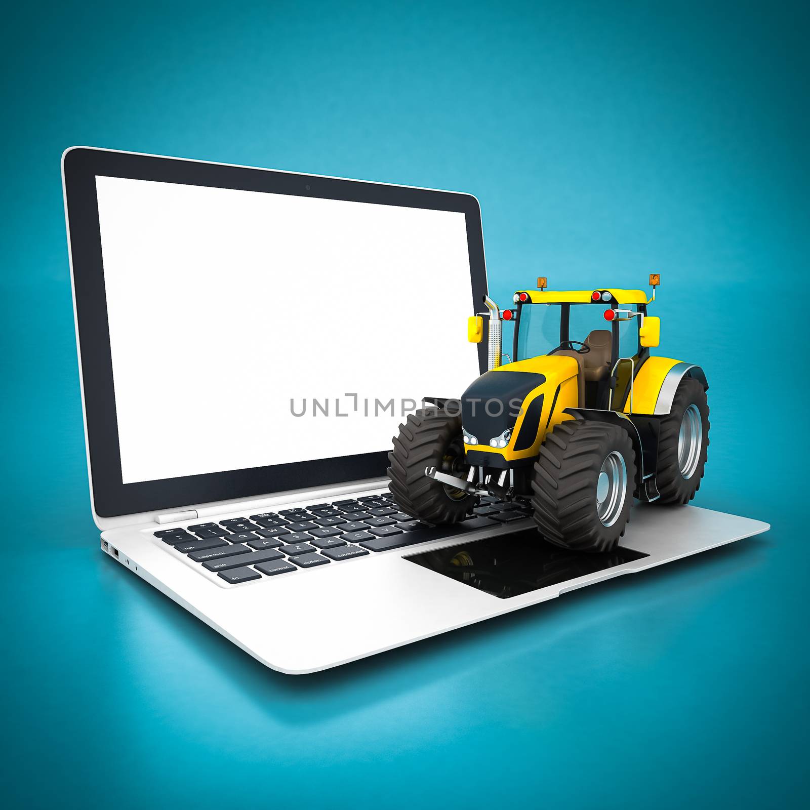 yellow tractor and white laptop on a blue background