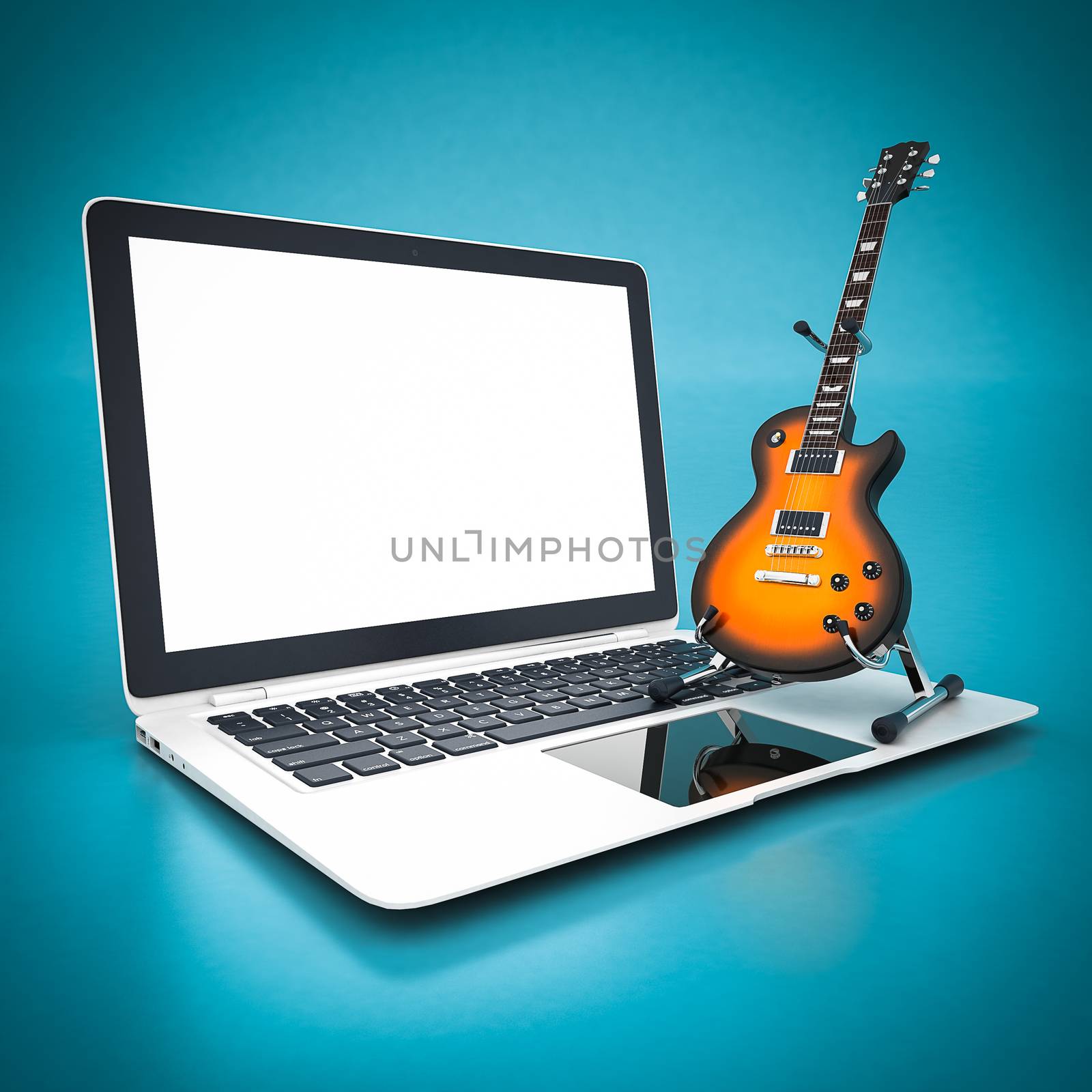 Electric guitar and white laptop on a blue background