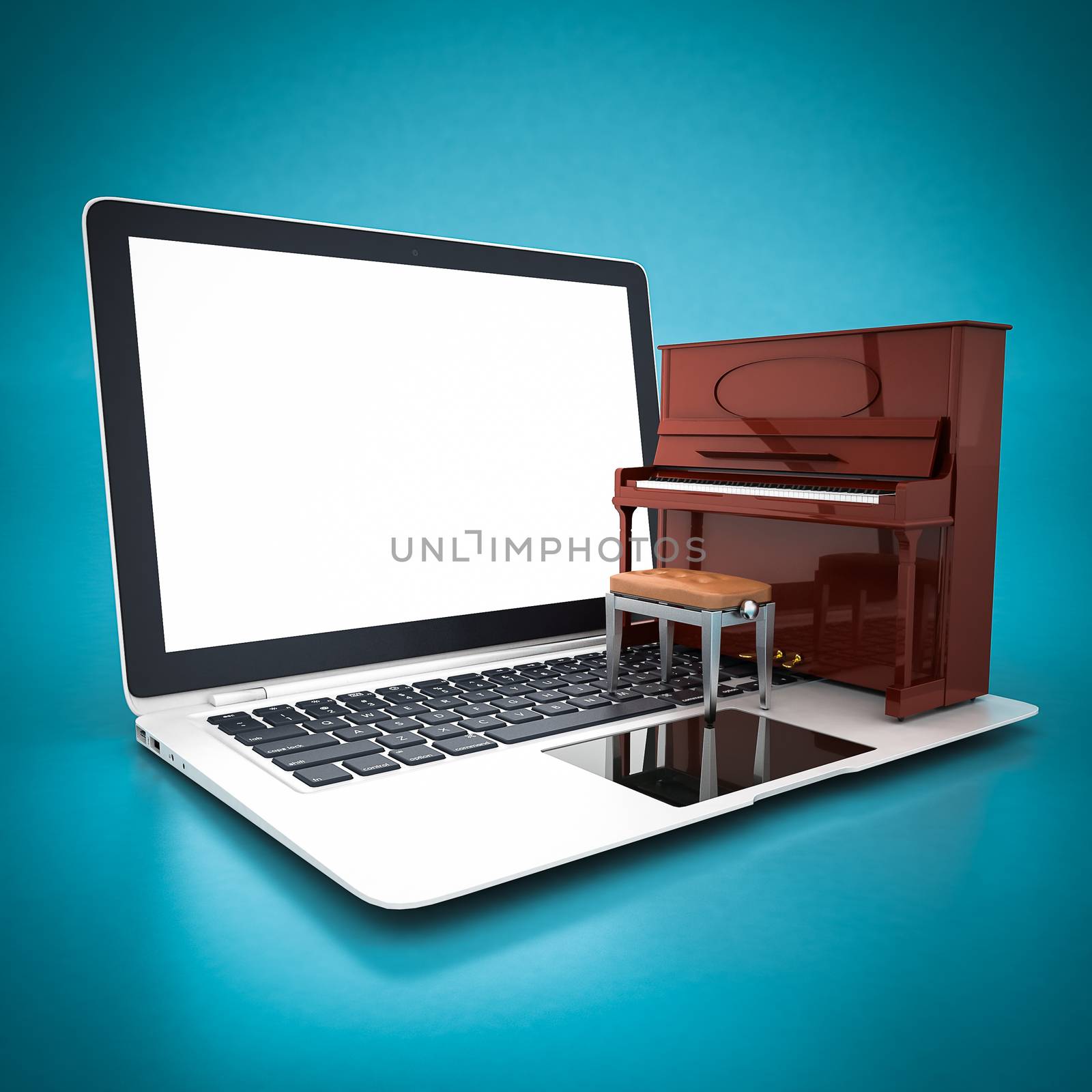 brown piano and white laptop on a blue background