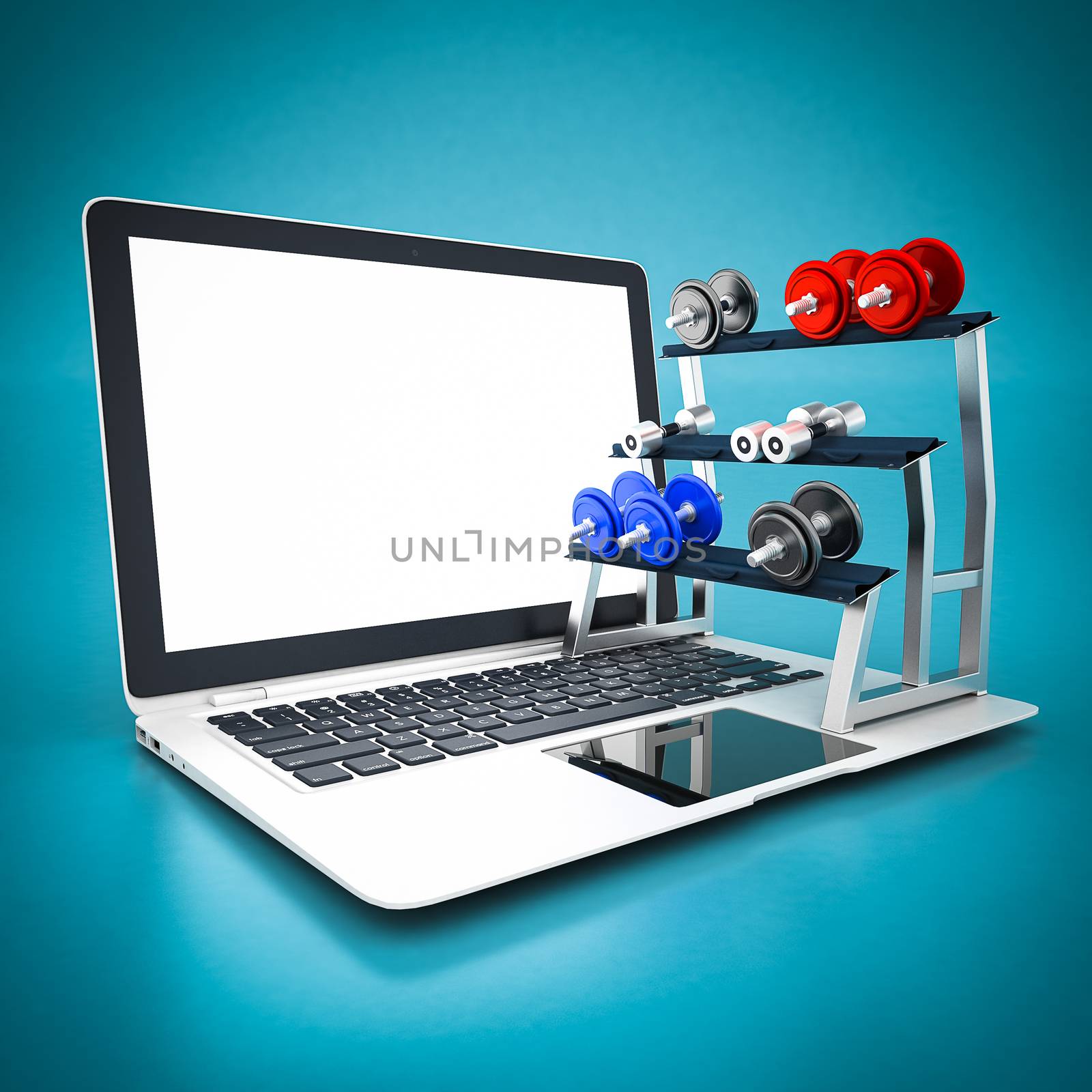 dumbbells fitness and white laptop on a blue background