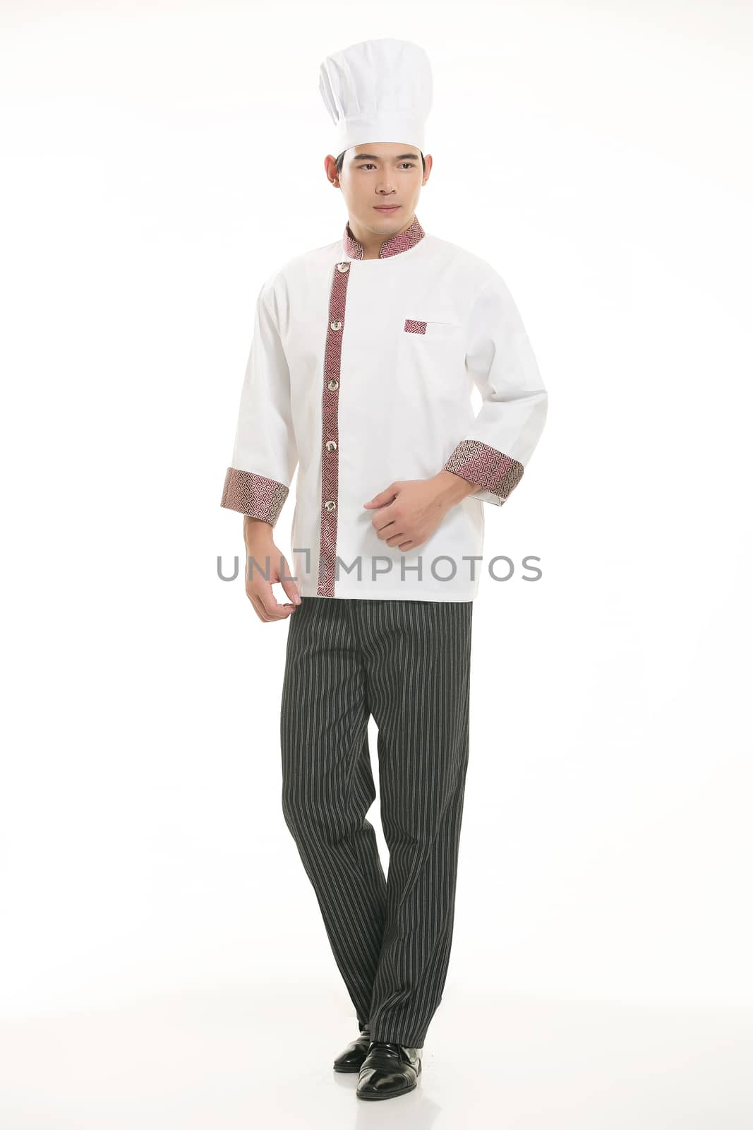 Wearing all kinds of clothing chef dietitian in front of white background