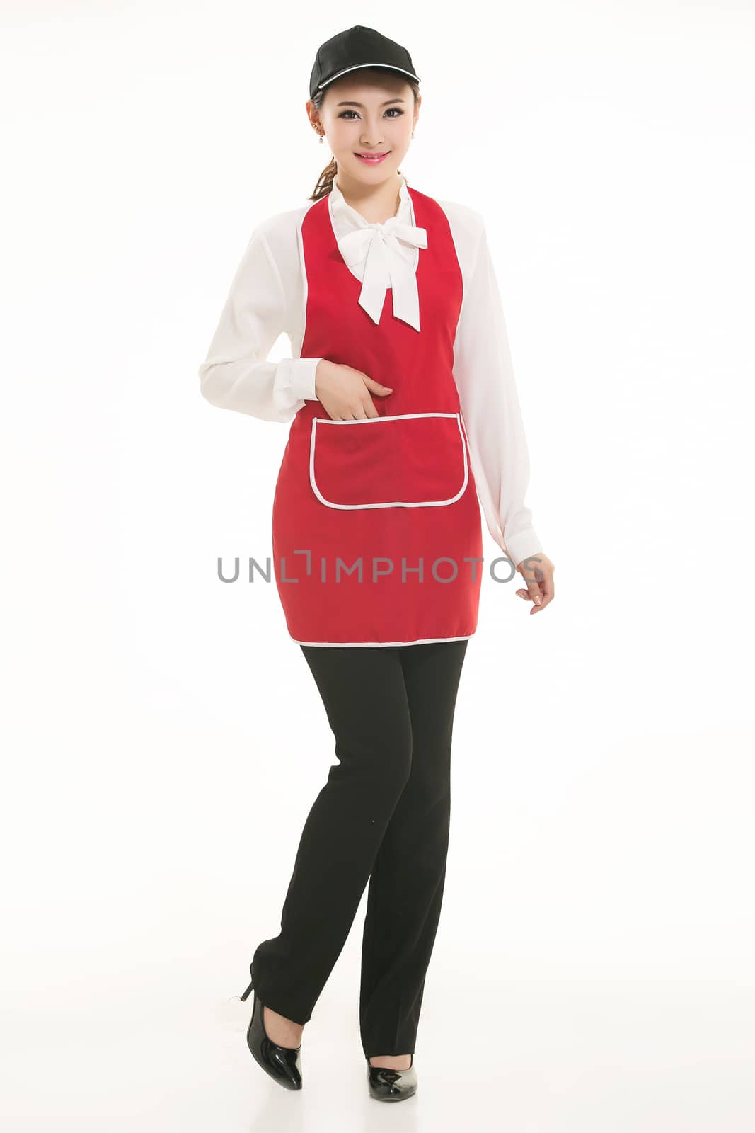 Wear all sorts of apron waiter standing in white background