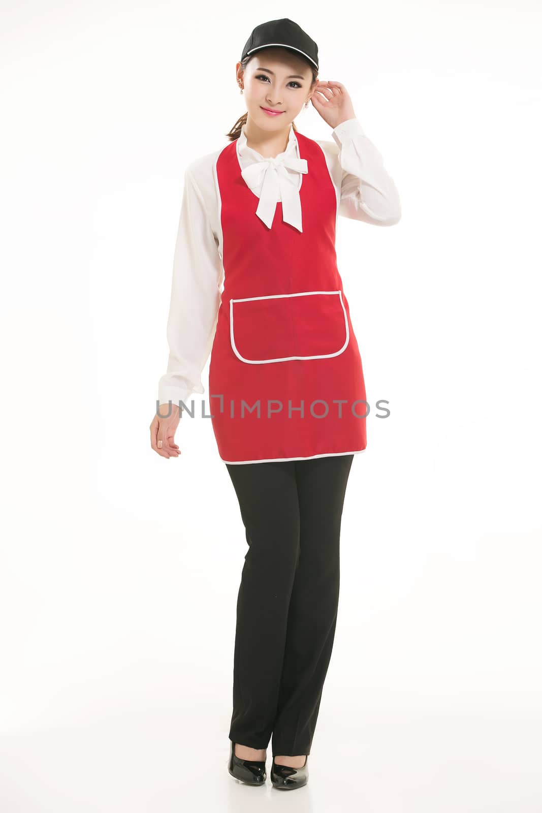 Wear all sorts of apron waiter standing in white background