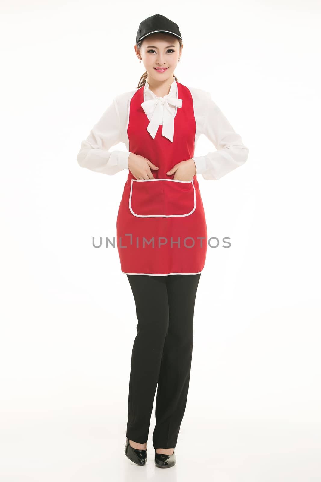 Wear all sorts of apron waiter standing in white background