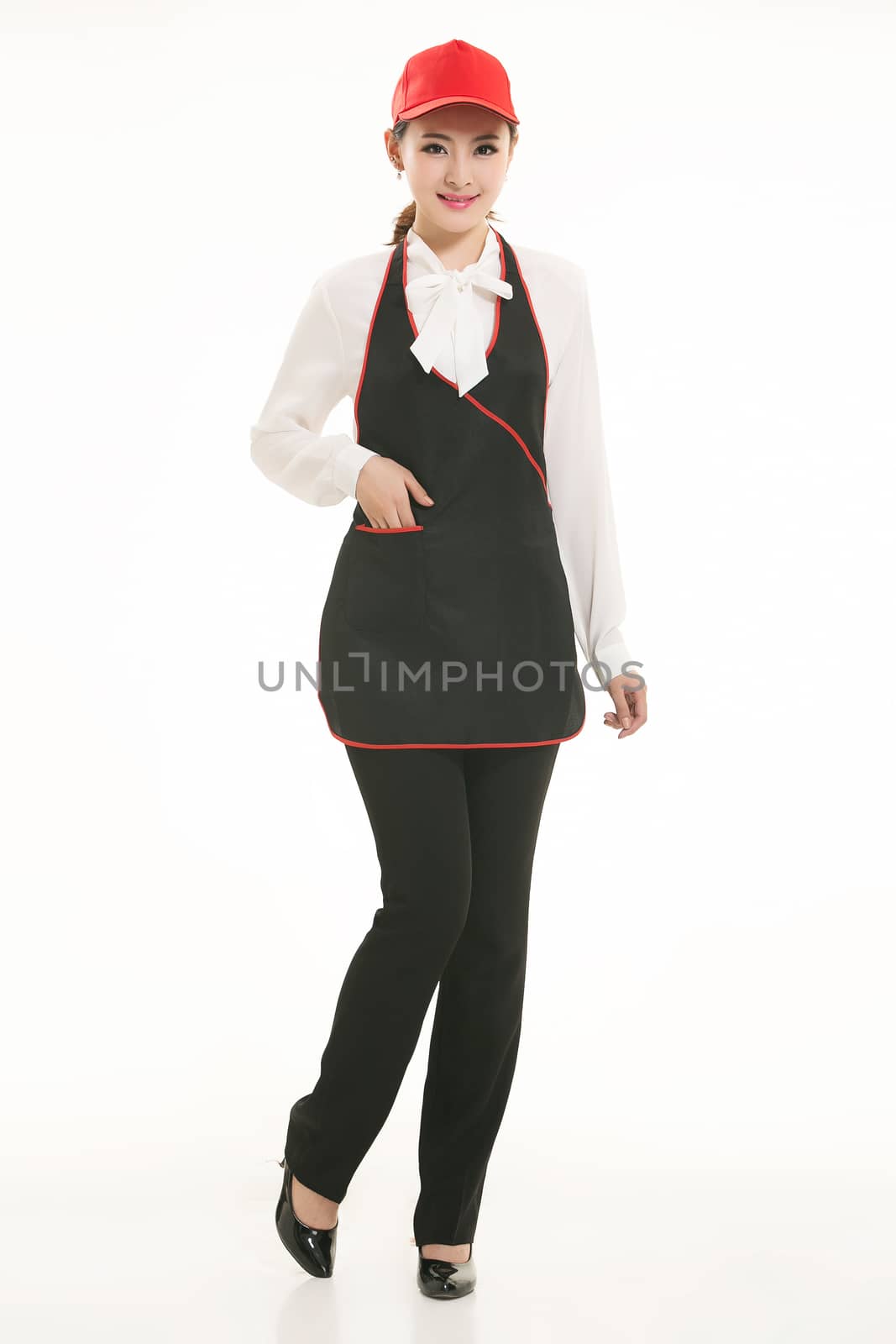 Wear all sorts of apron waiter standing in white background