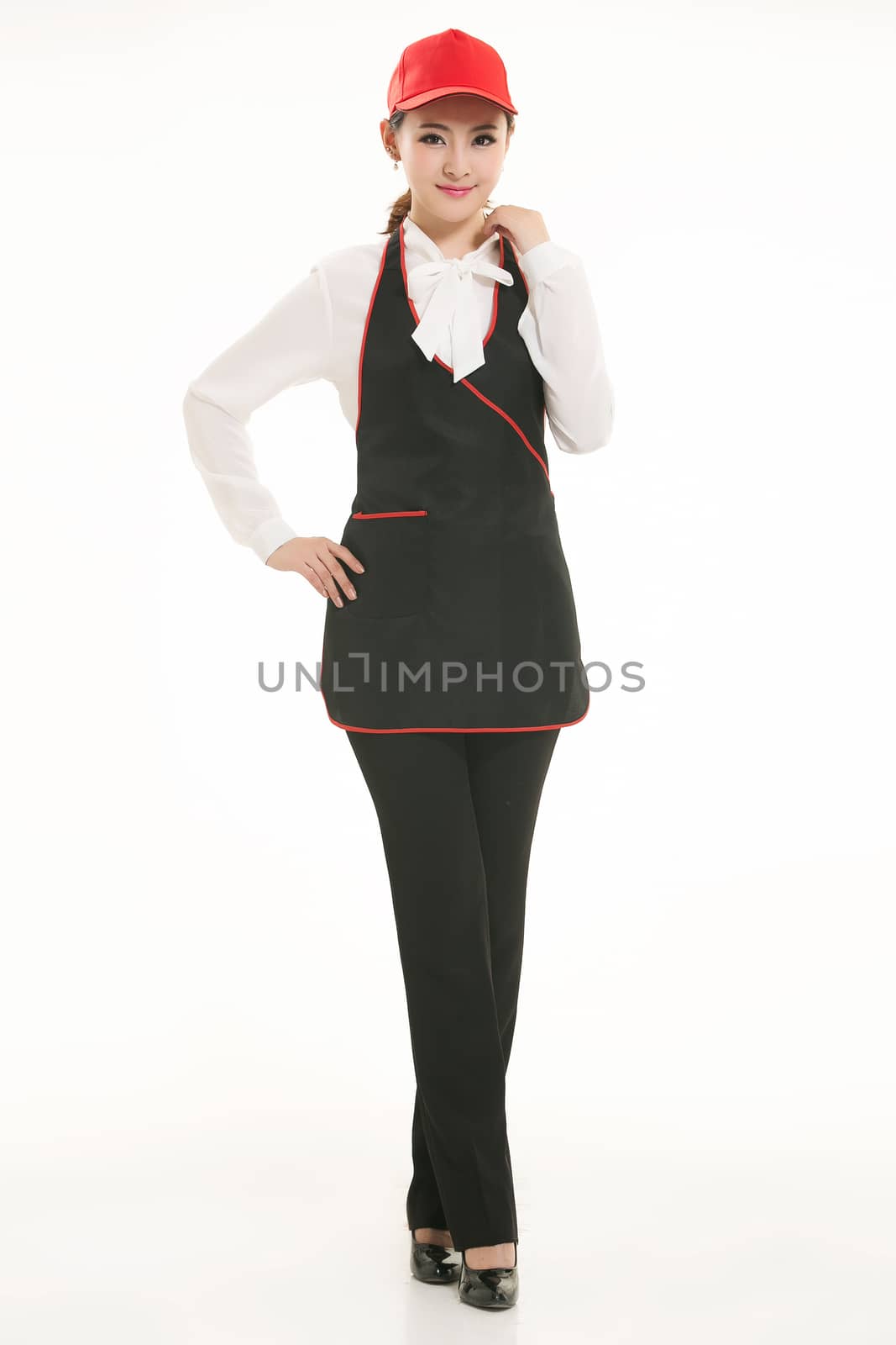 Wear all sorts of apron waiter standing in white background