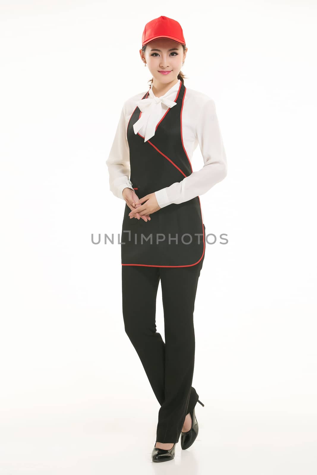 Wear all sorts of apron waiter standing in white background