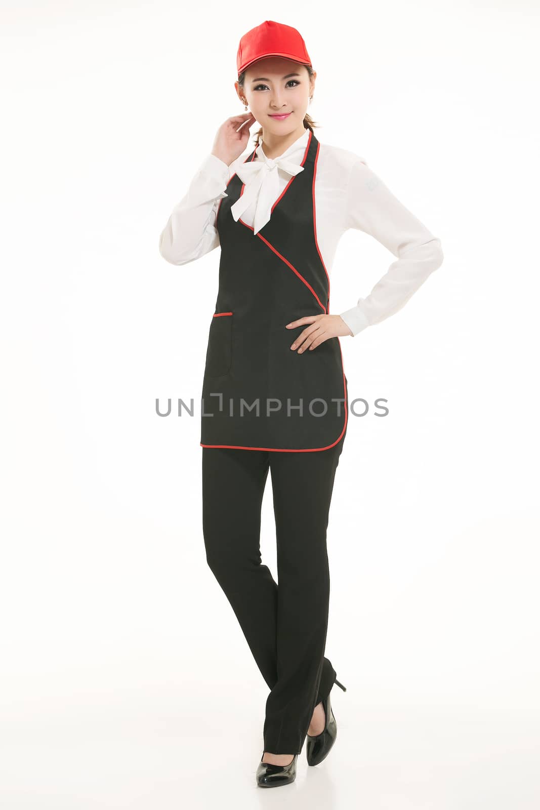 Wear all sorts of apron waiter standing in white background