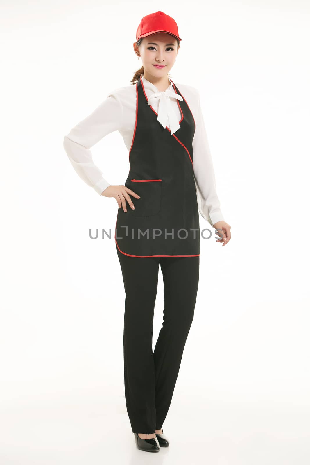 Wear all sorts of apron waiter standing in white background